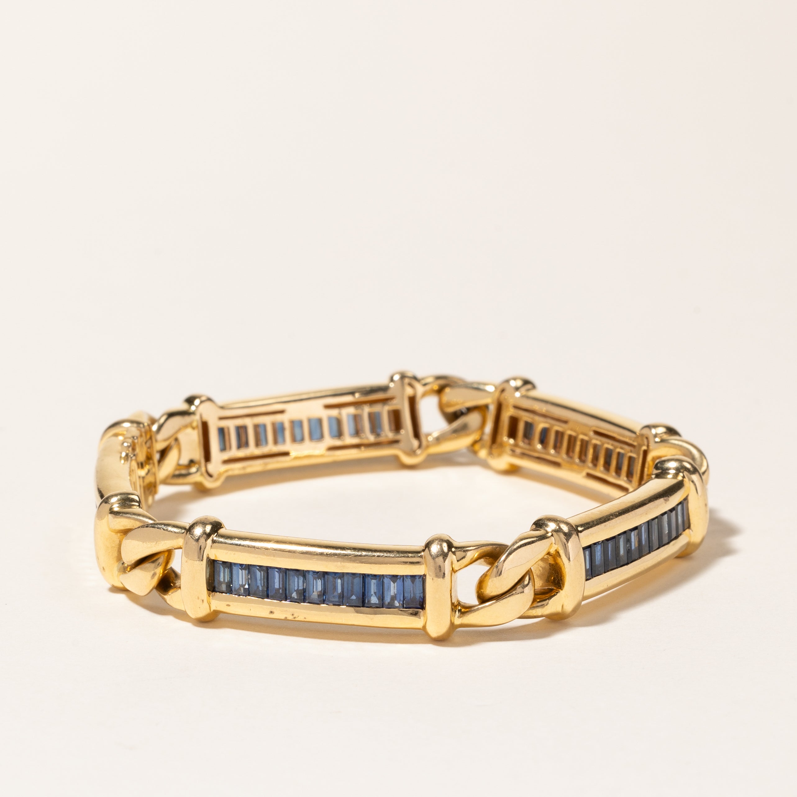 18K Yellow Gold Channel Set Baguette Cut Sapphire Link Bracelet | 2.50ctw | 7.5"