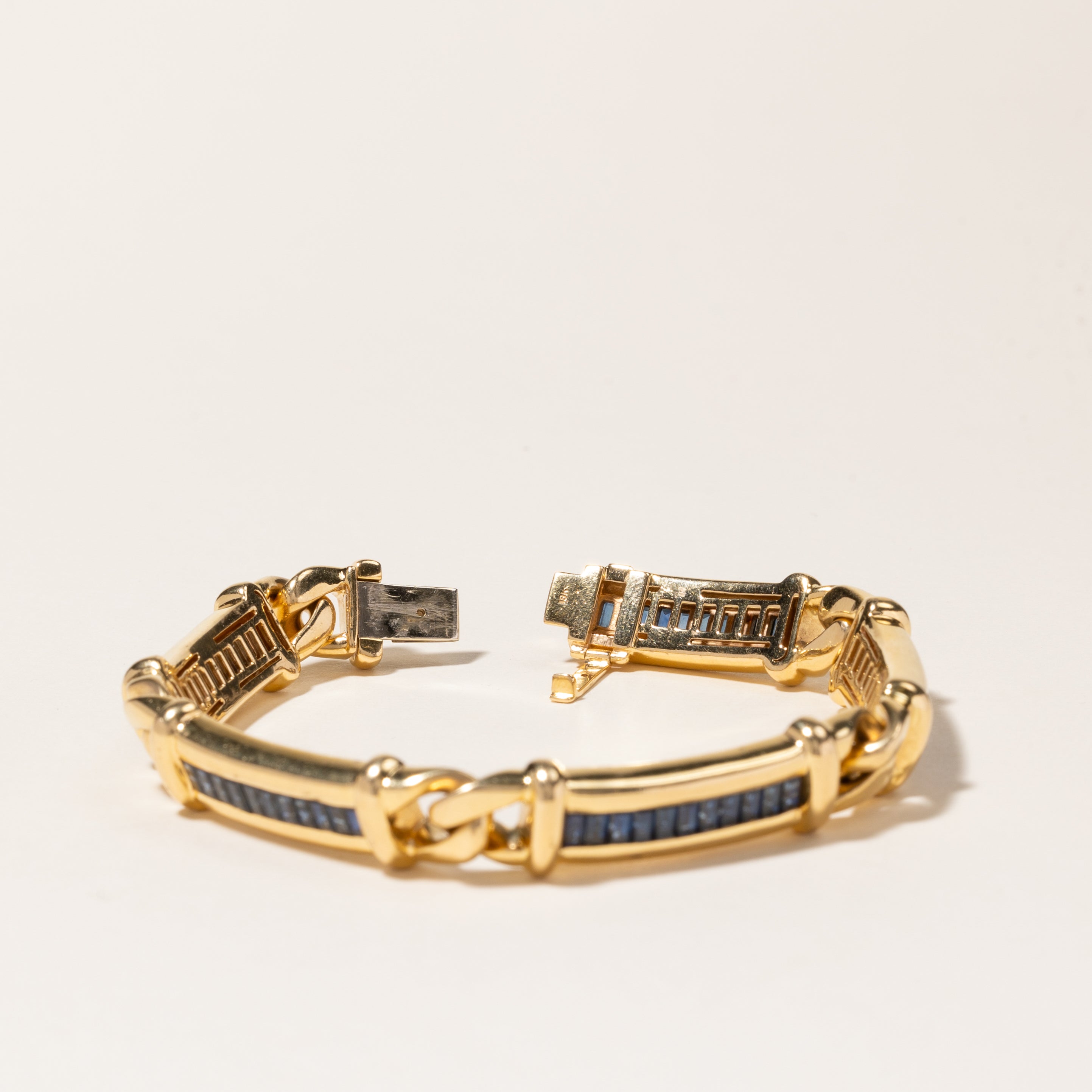 18K Yellow Gold Channel Set Baguette Cut Sapphire Link Bracelet | 2.50ctw | 7.5"