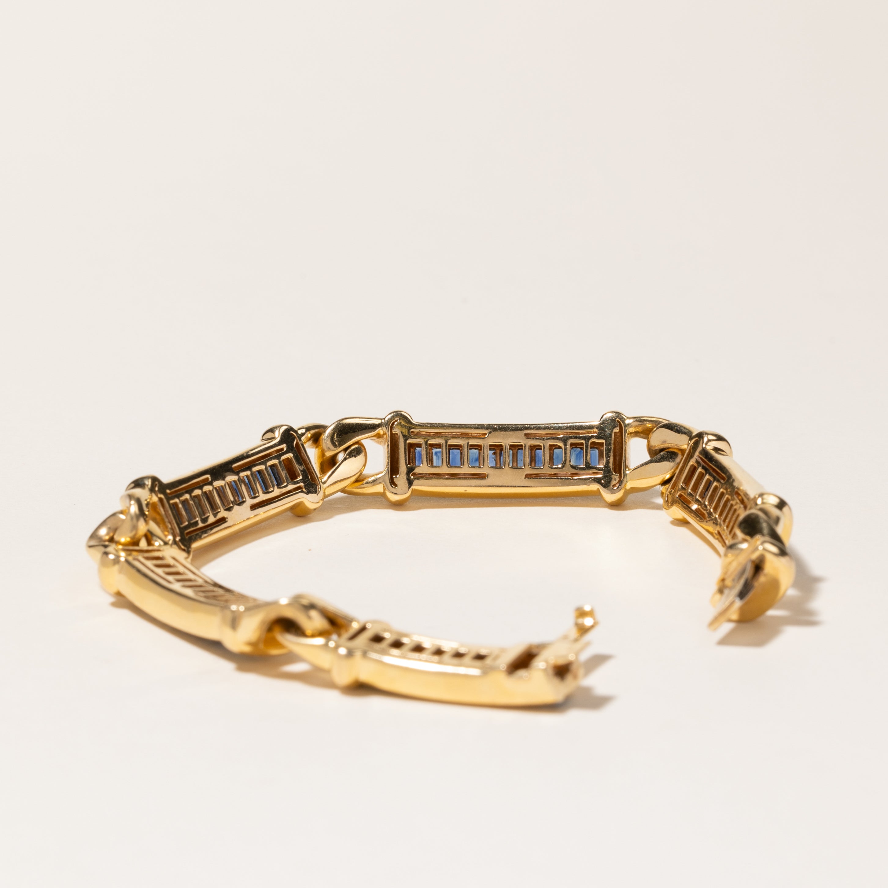 18K Yellow Gold Channel Set Baguette Cut Sapphire Link Bracelet | 2.50ctw | 7.5"