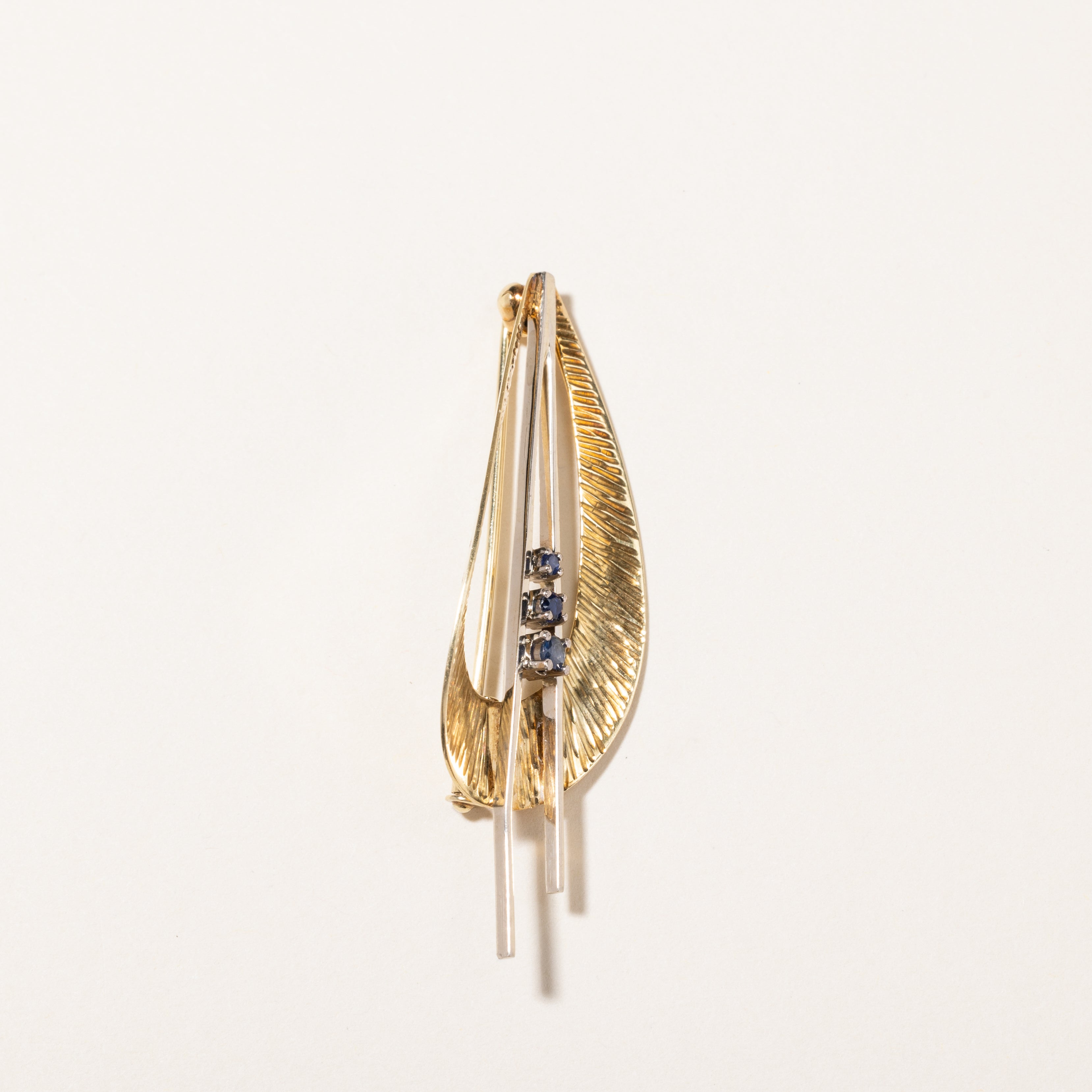 14K Two Tone Gold Blue Sapphire Abstract Brooch | 0.12ctw