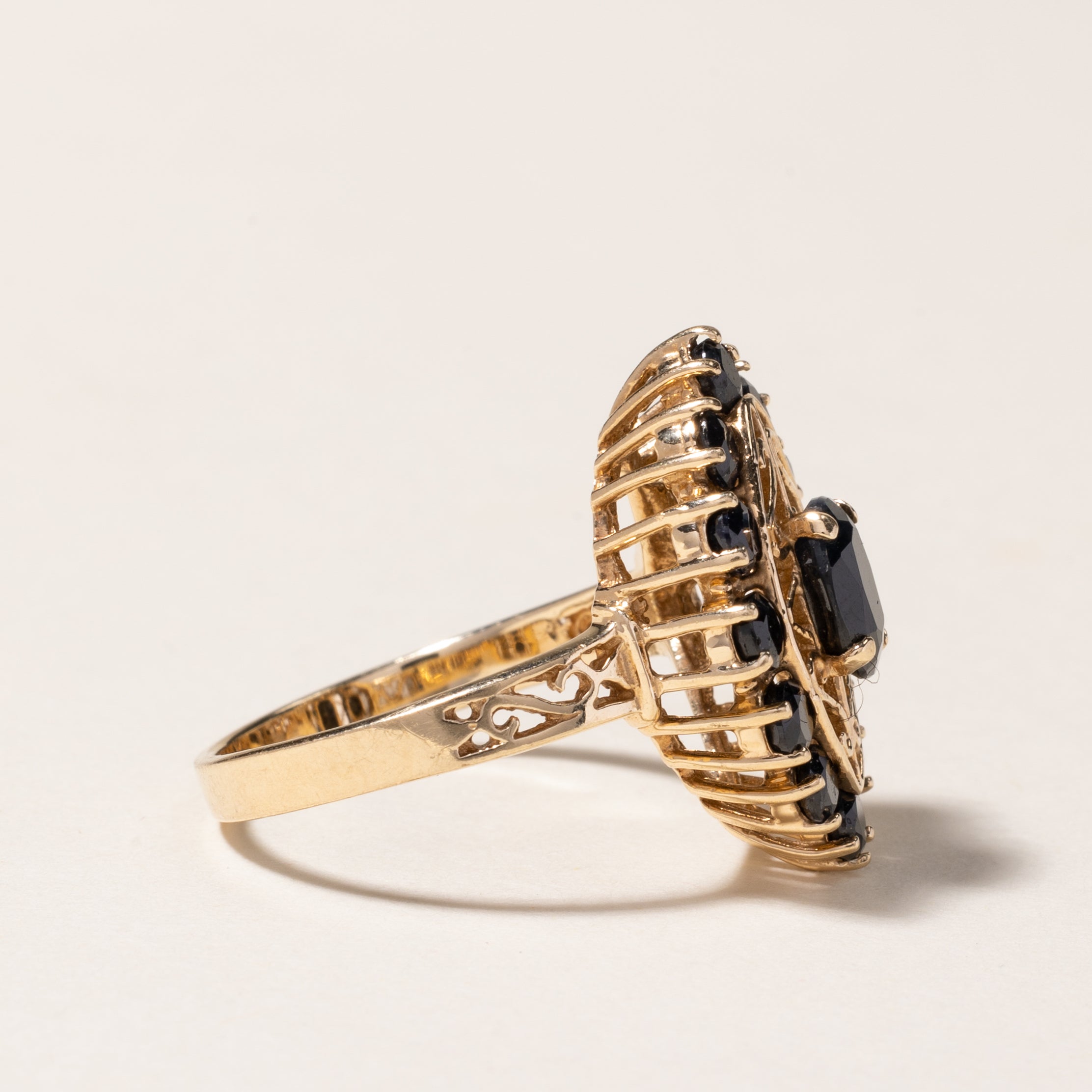 10K Yellow Gold Sapphire Ornate Navette Ring | 1.82ctw | SZ7