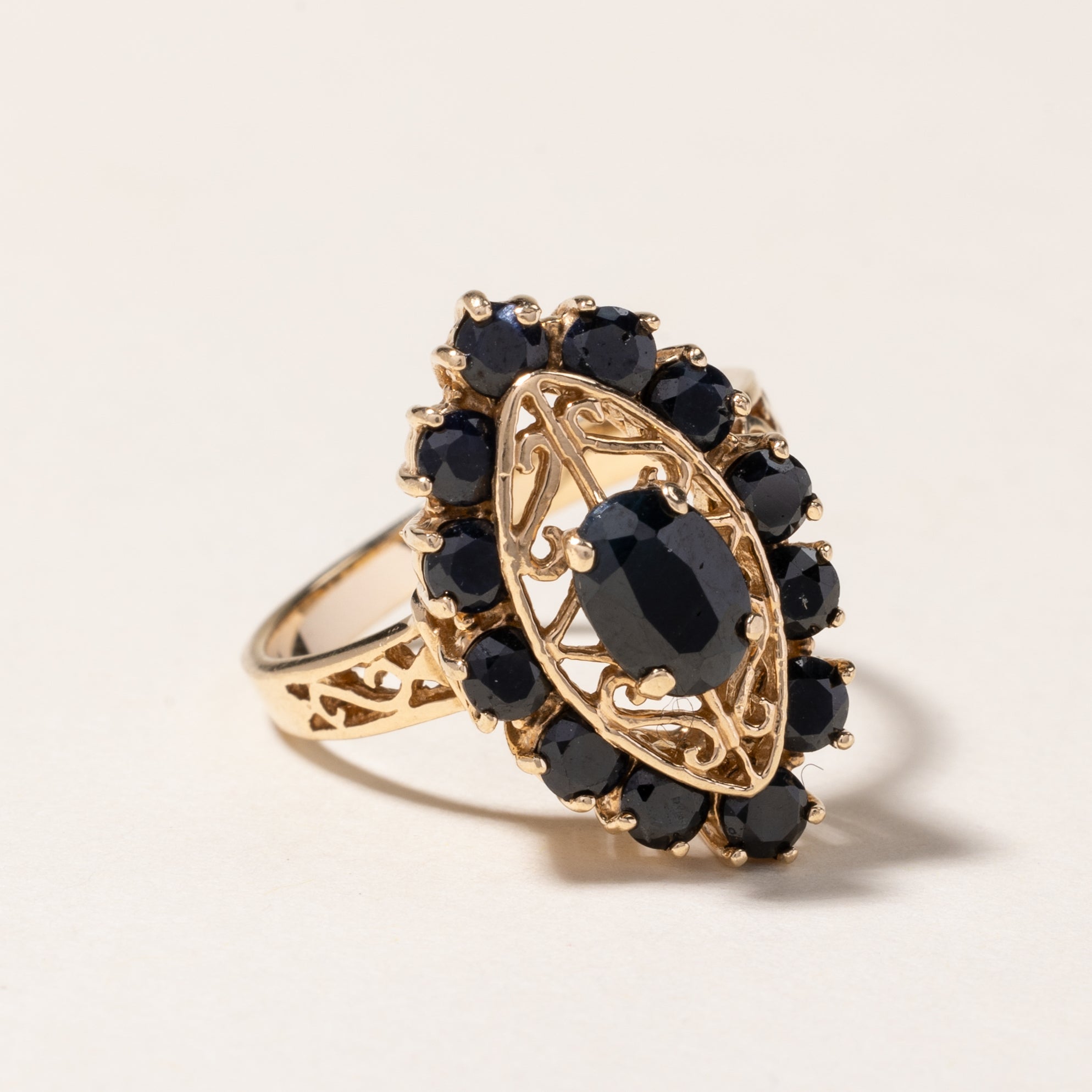 10K Yellow Gold Sapphire Ornate Navette Ring | 1.82ctw | SZ7