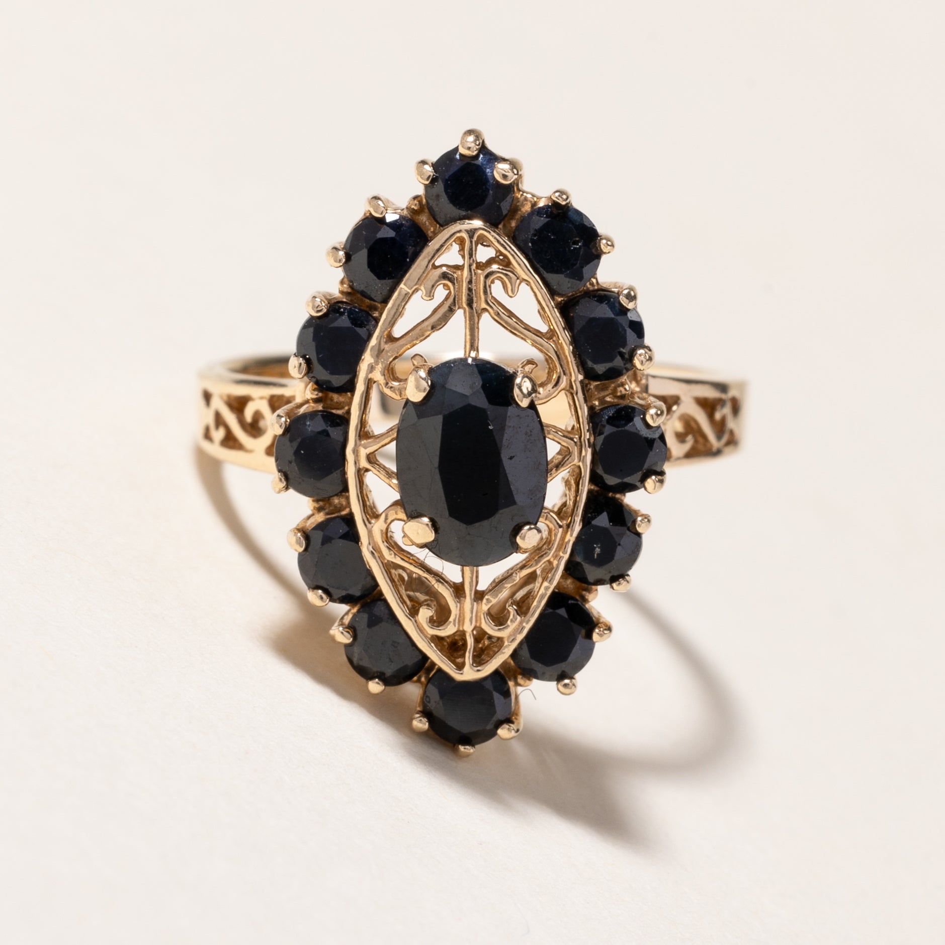 10K Yellow Gold Sapphire Ornate Navette Ring | 1.82ctw | SZ7