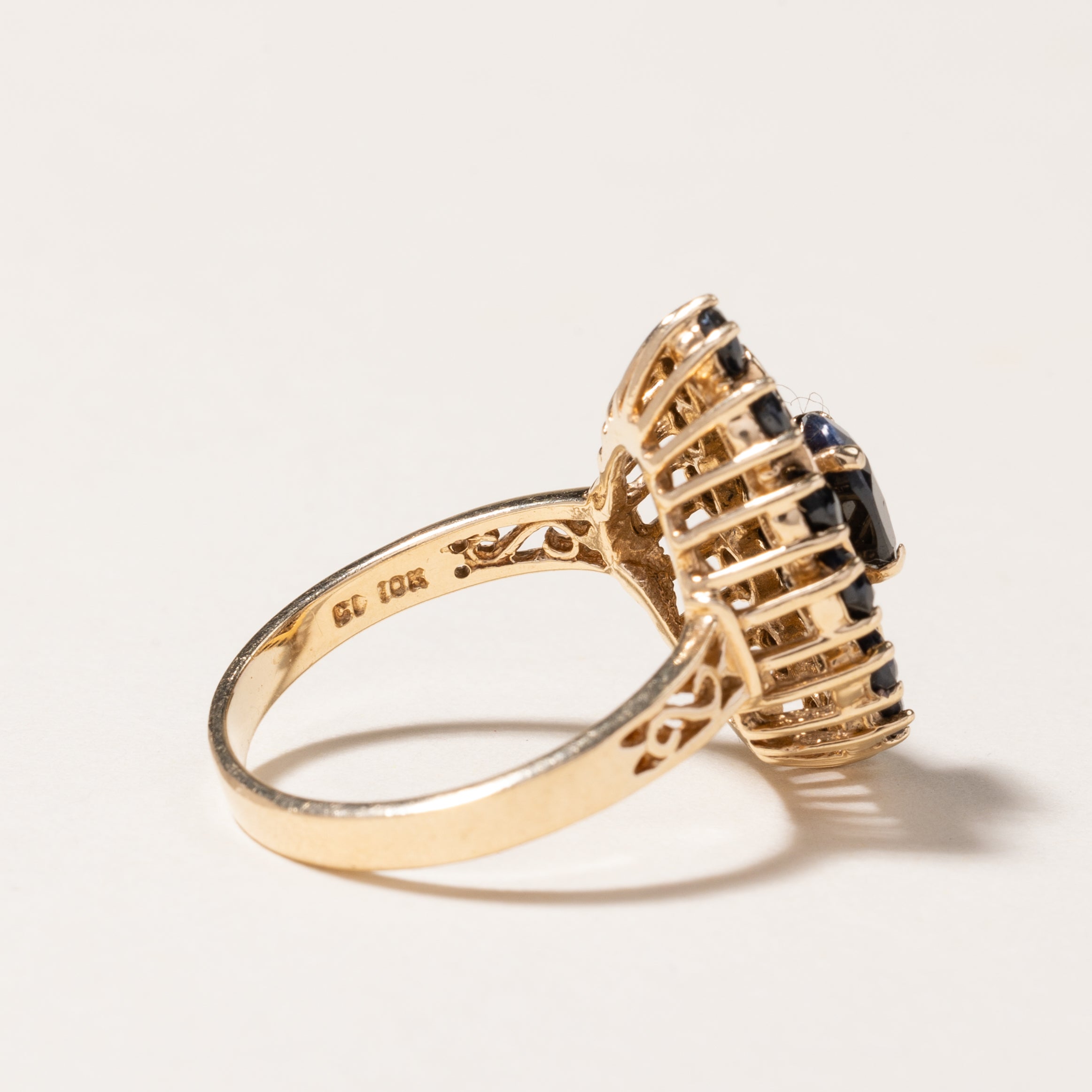 10K Yellow Gold Sapphire Ornate Navette Ring | 1.82ctw | SZ7