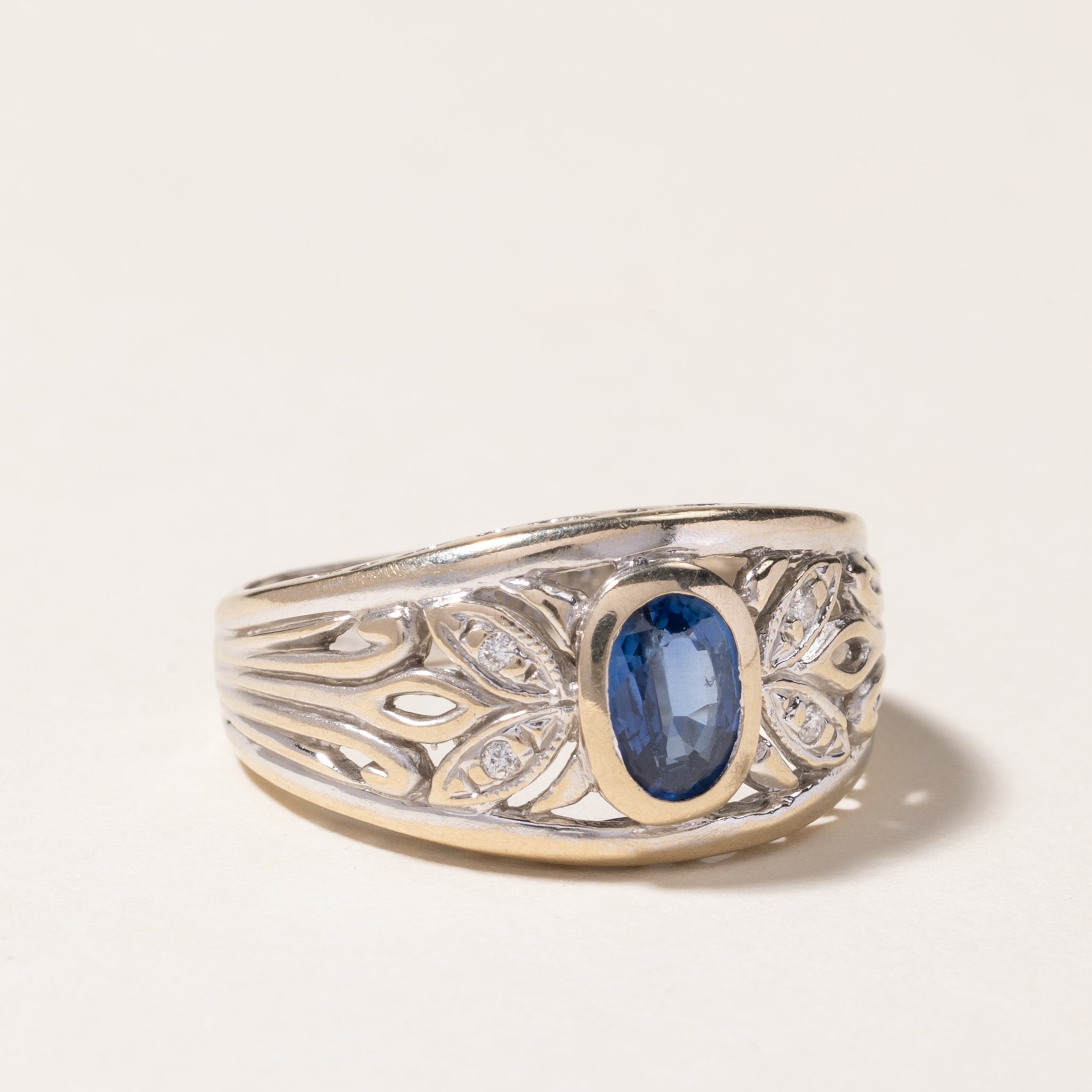 18K Bezel Set Oval Cut Sapphire & Diamond Ring | 0.87ct, 0.02ctw | SZ 8