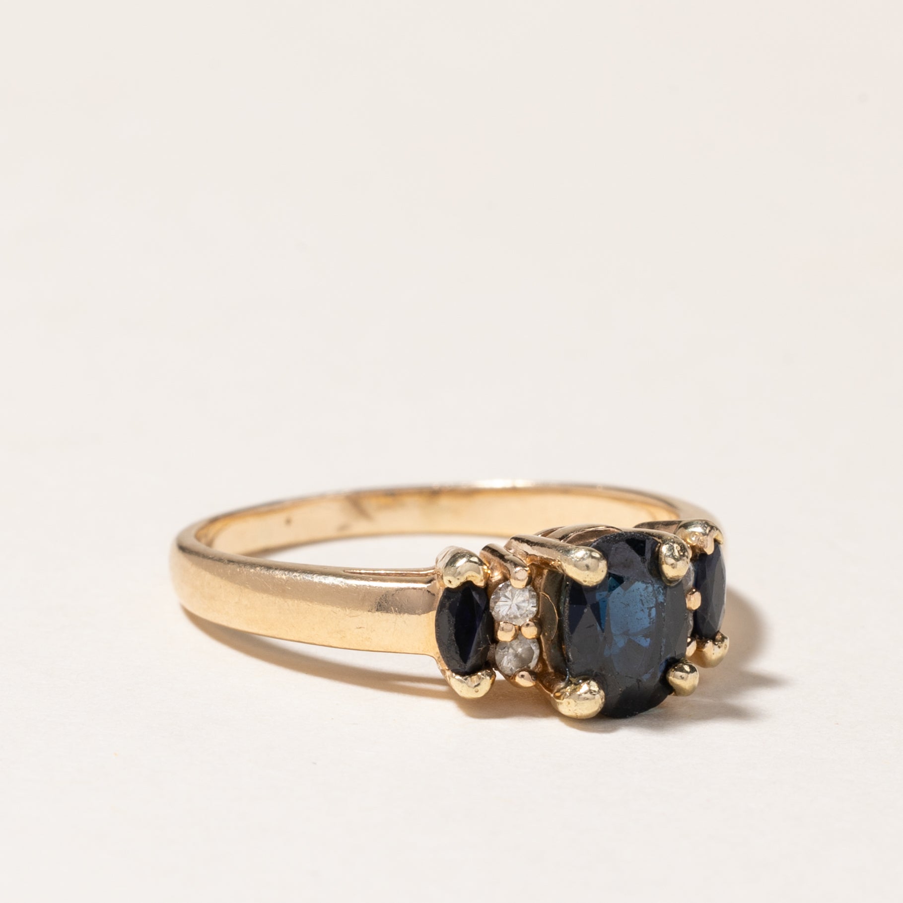 14K Three Stone Sapphire & Diamond Ring | 1.14ctw, 0.06ctw | SZ 8