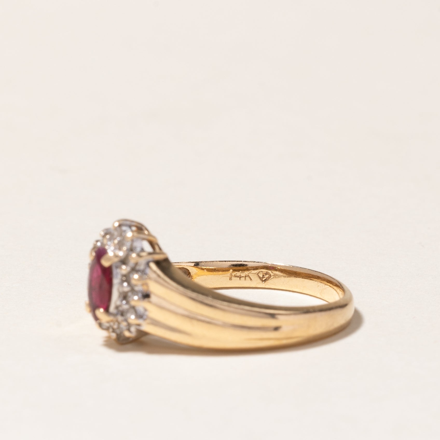 14K Synthetic Ruby & Diamond Grooved Chevron Ring | 0.10ct, 0.07ctw | SZ 6.25
