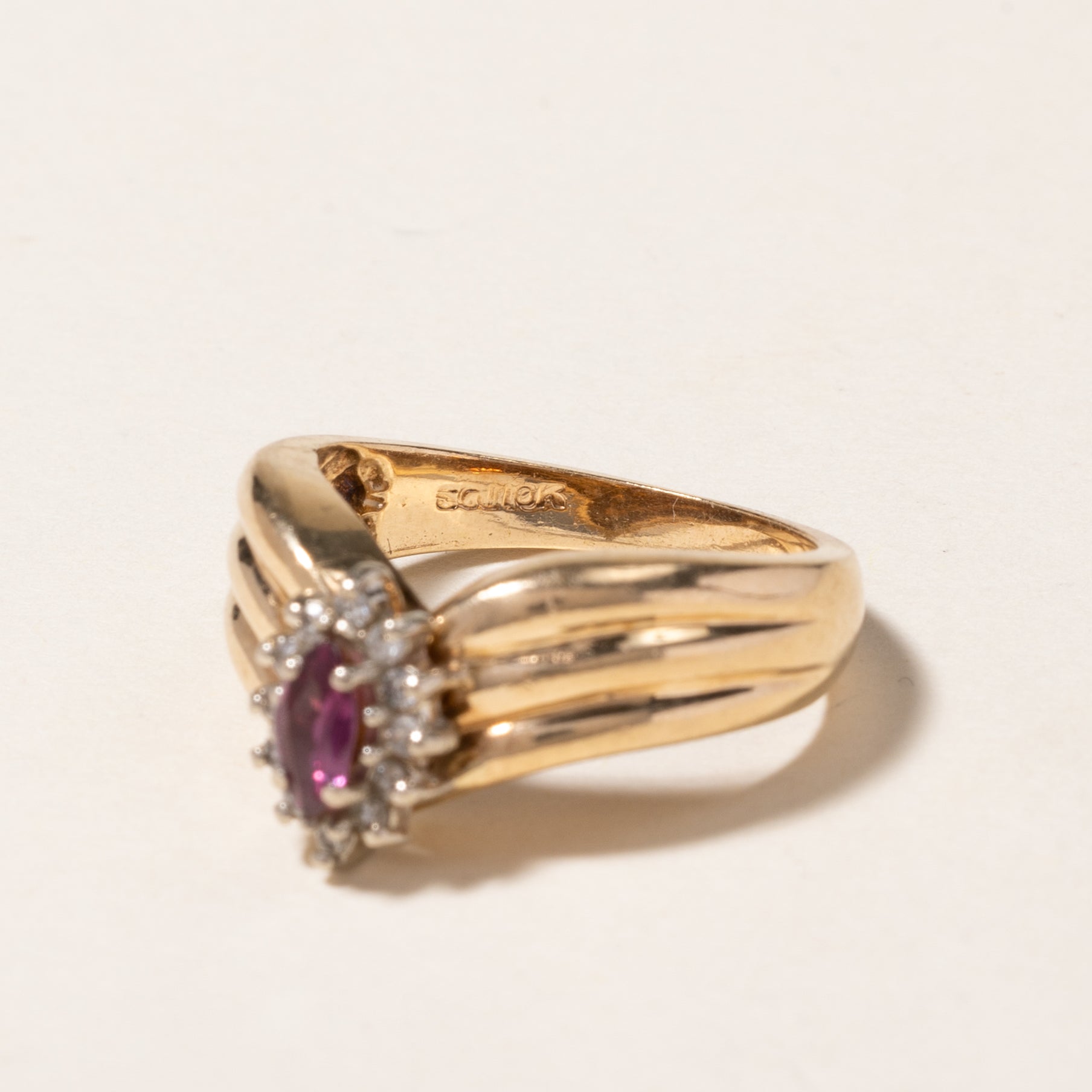 10K Ruby & Diamond Grooved Chevron Ring | 0.28ct, 0.03ctw | SZ 5.75