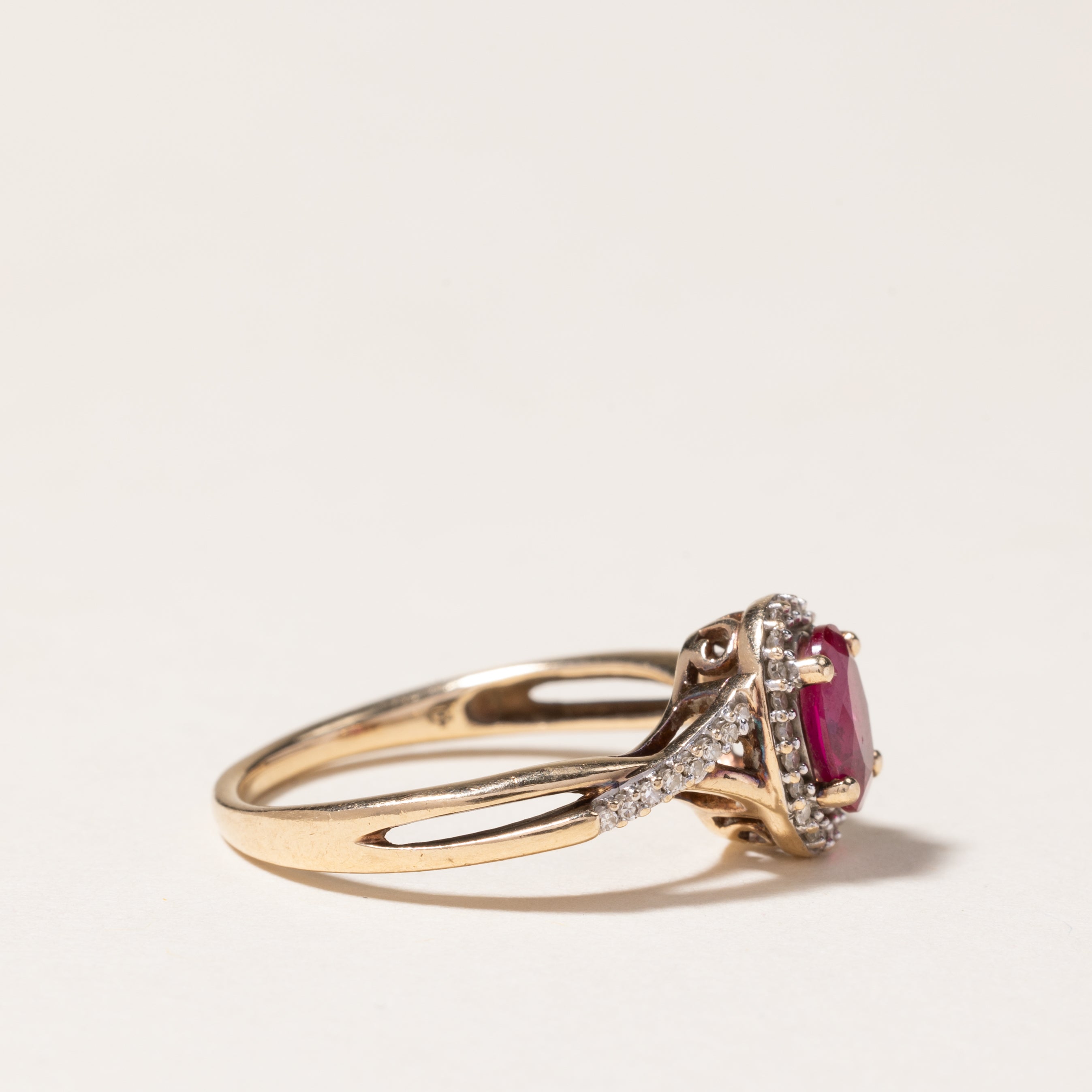 10K Synthetic Ruby & Diamond Halo Crossover Ring | 0.80ct, 0.19ctw | SZ 7
