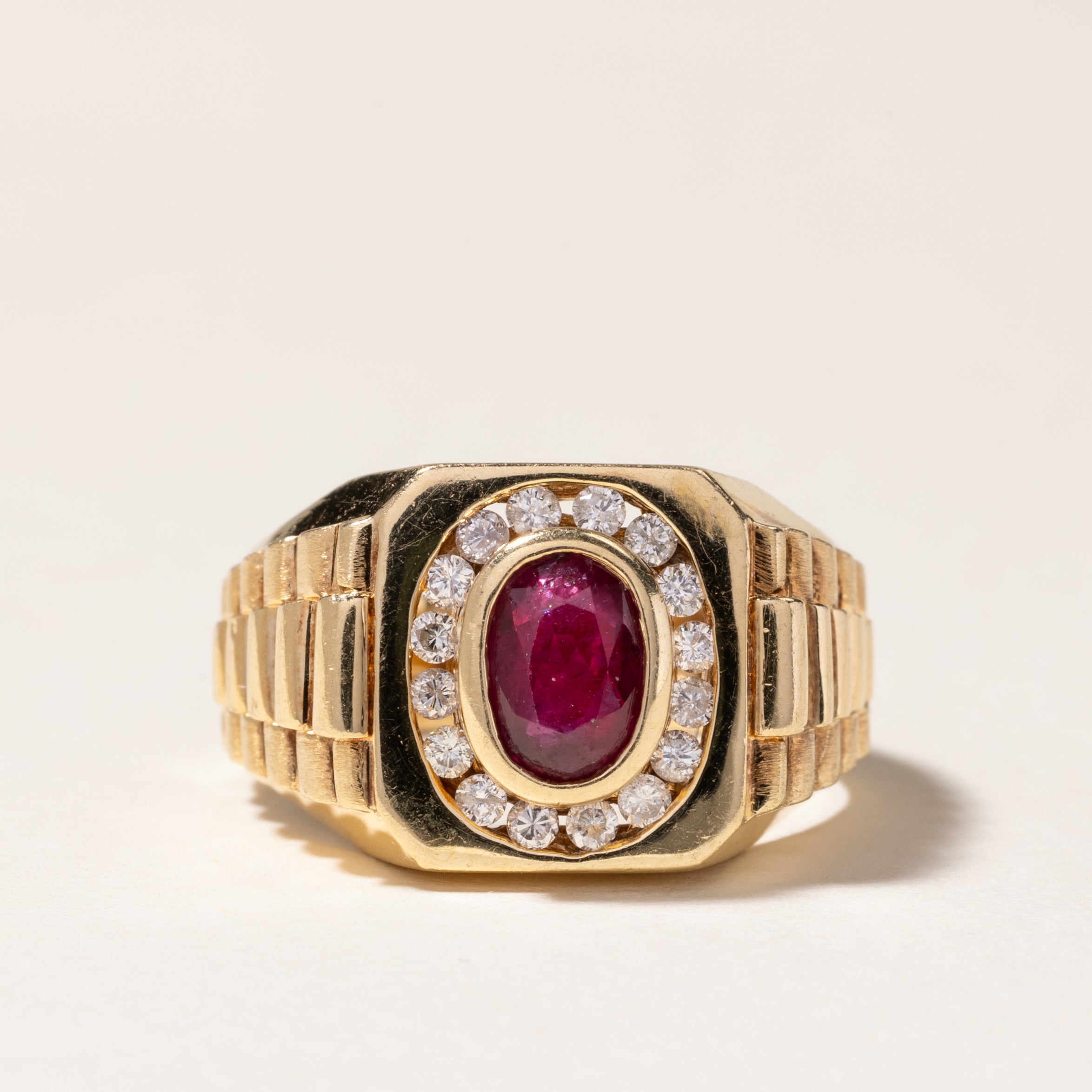 14K Synthetic Ruby & Diamond Watch Strap Style Ring | 0.84ct, 0.24ctw | SZ 7