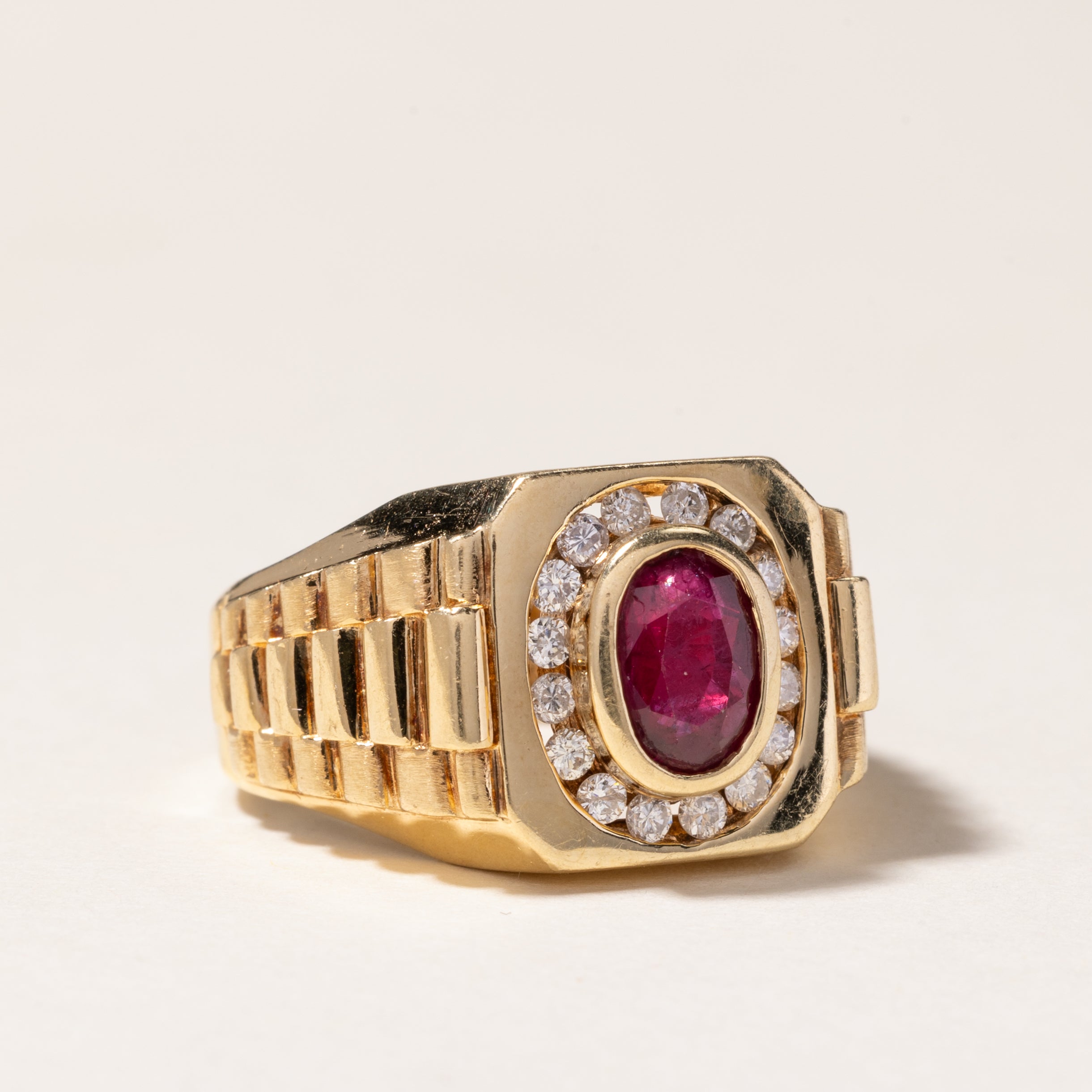 14K Synthetic Ruby & Diamond Watch Strap Style Ring | 0.84ct, 0.24ctw | SZ 7