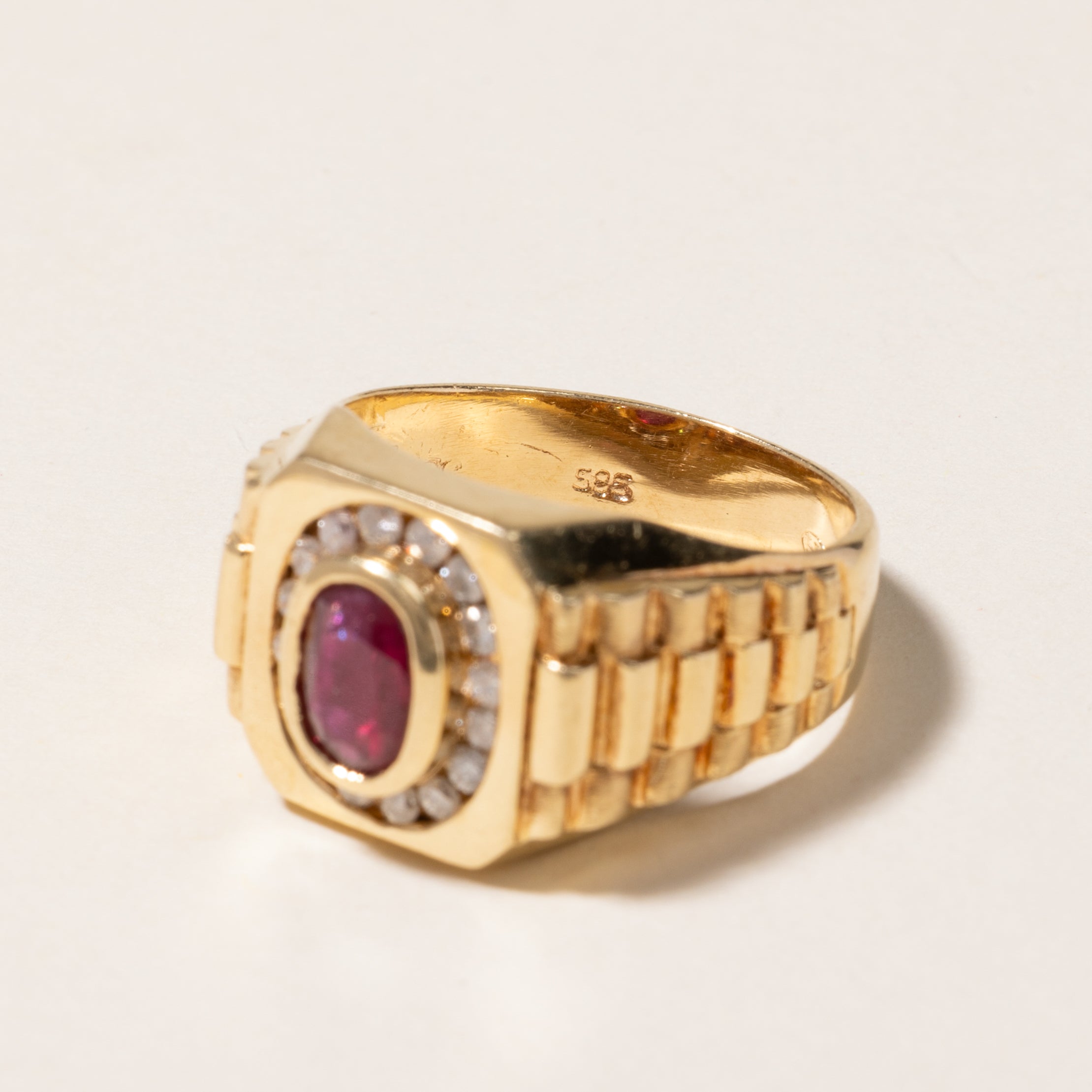 14K Synthetic Ruby & Diamond Watch Strap Style Ring | 0.84ct, 0.24ctw | SZ 7