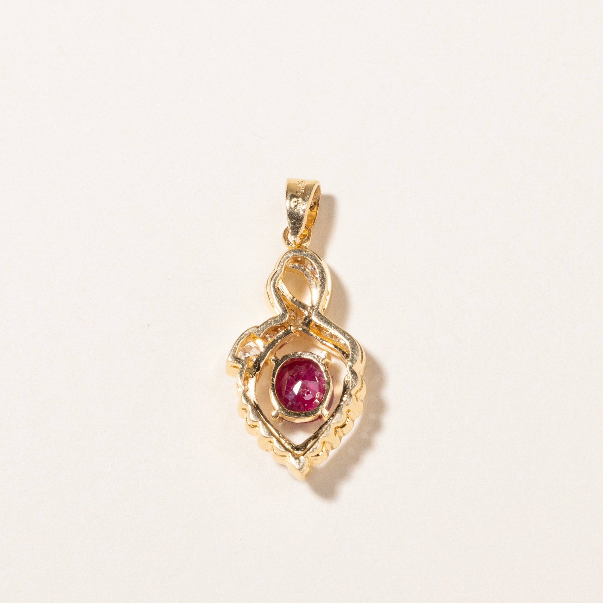 14K Oval Cut Ruby & Diamond Ornate Pendant | 0.65ct, 0.17ctw