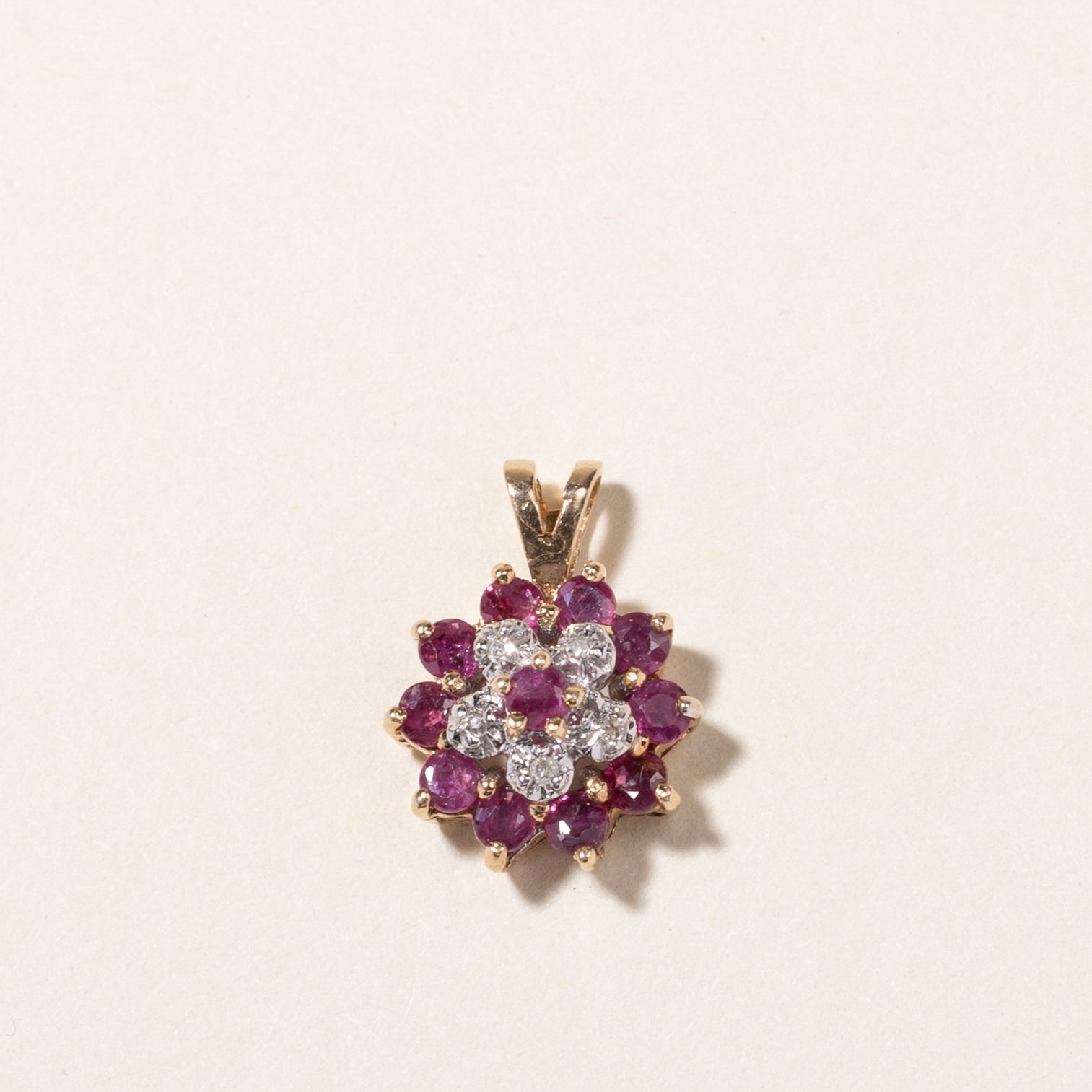 10K Synthetic Ruby & Diamond Cluster Petal Pendant | 0.40ctw, 0.04ctw
