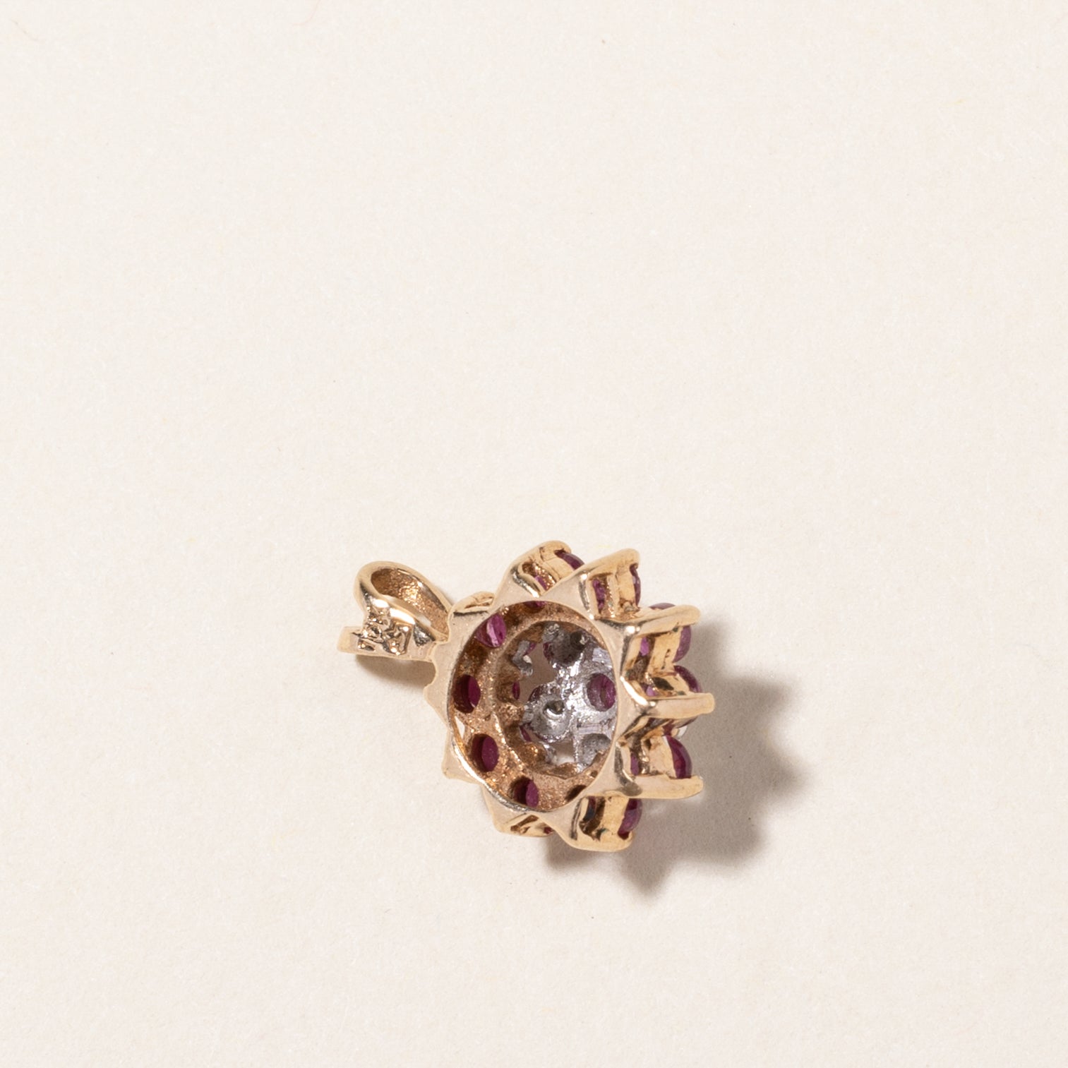 10K Synthetic Ruby & Diamond Cluster Petal Pendant | 0.40ctw, 0.04ctw