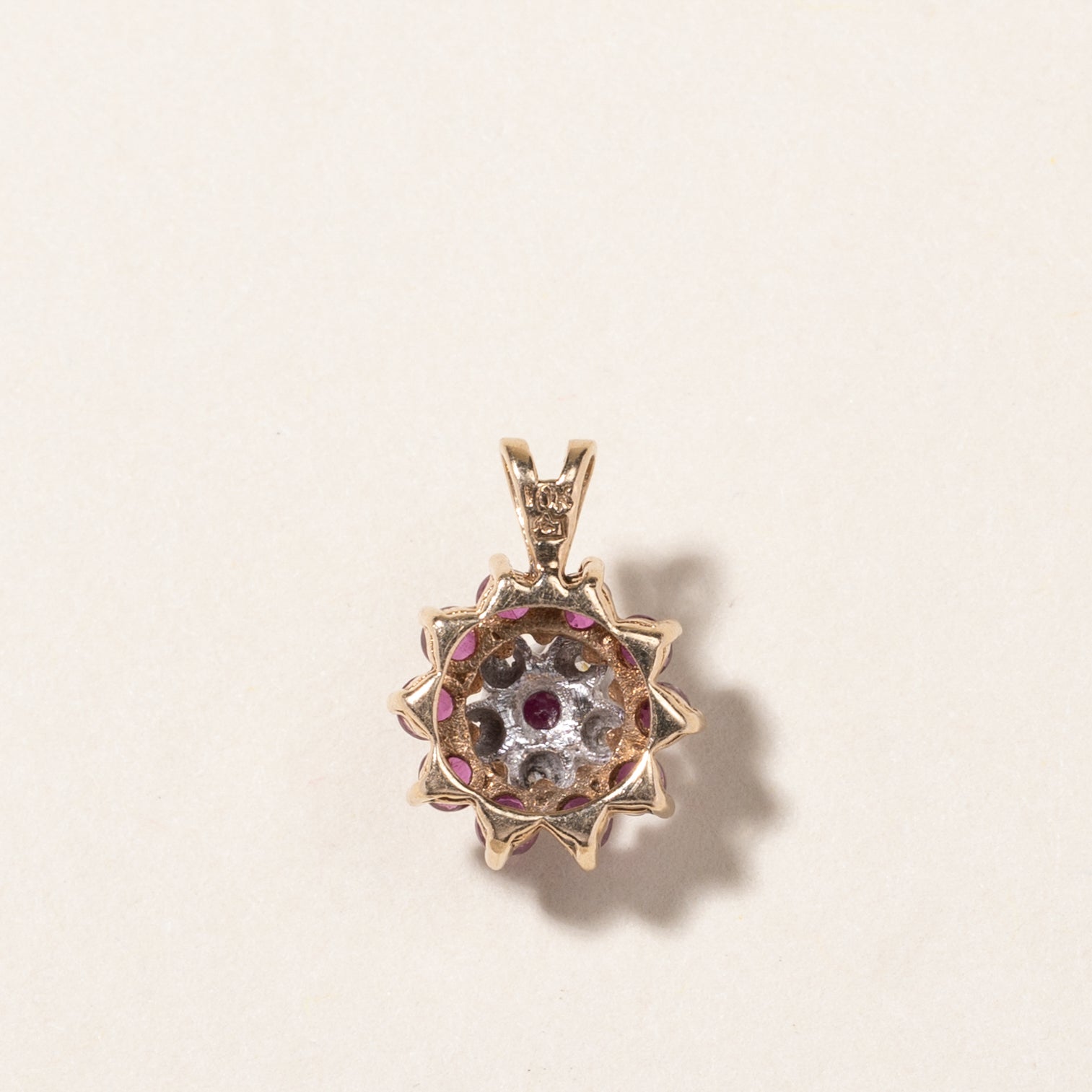 10K Synthetic Ruby & Diamond Cluster Petal Pendant | 0.40ctw, 0.04ctw