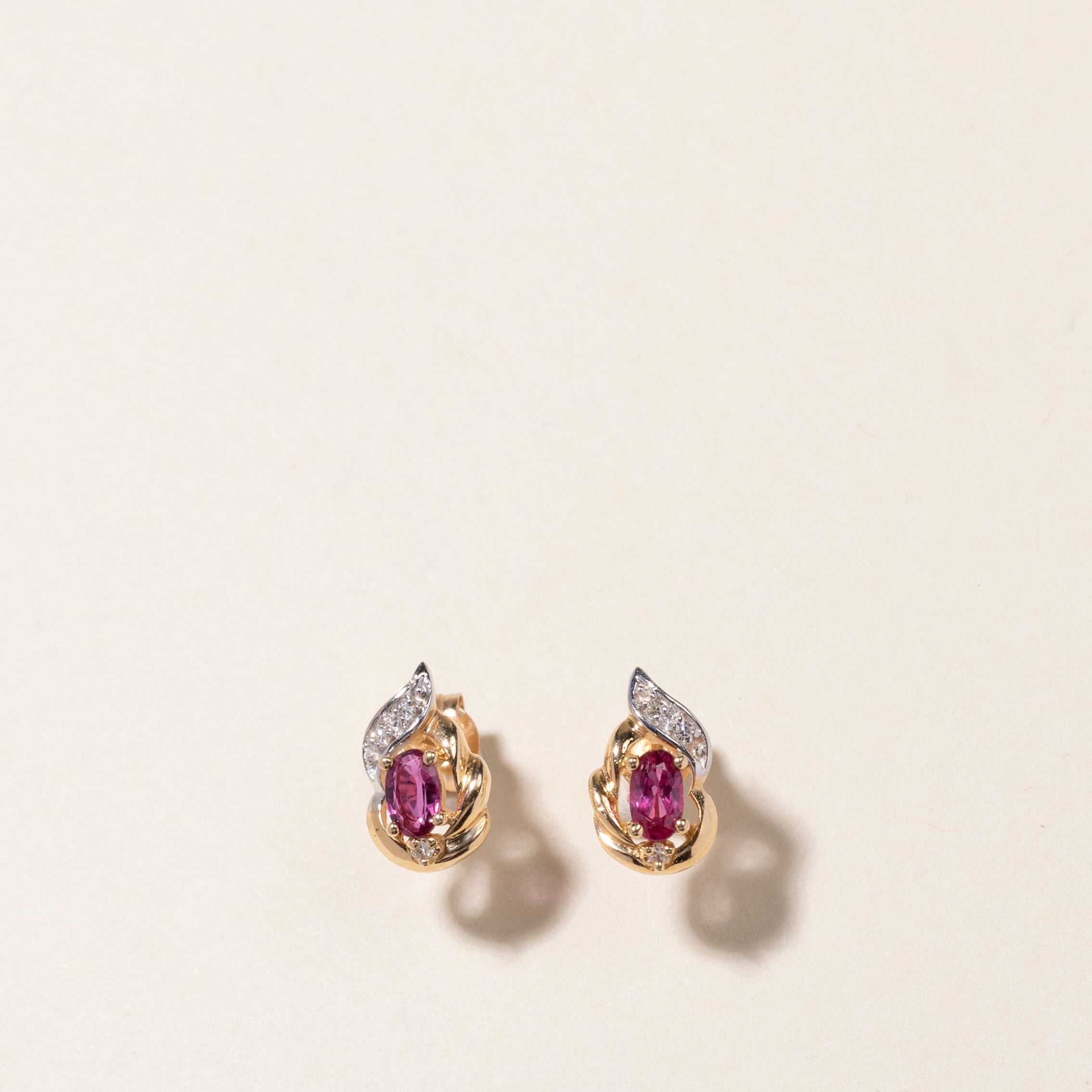 14K Oval Cut Ruby & Diamond Stud Earrings | 0.46ctw, 0.003ctw
