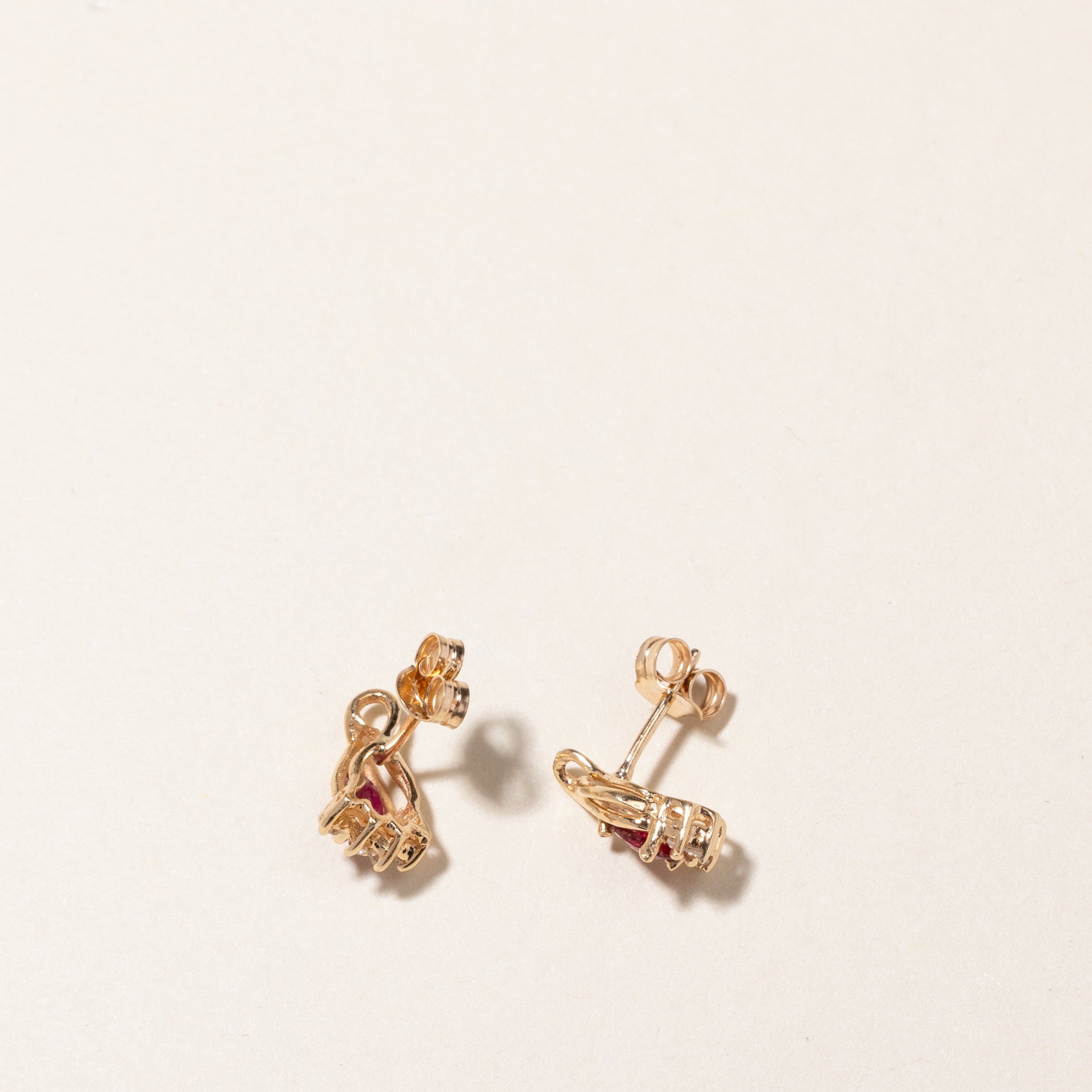 14K Pear Cut Synthetic Ruby & Diamond Stud Earrings | 0.40ctw, 0.04ctw