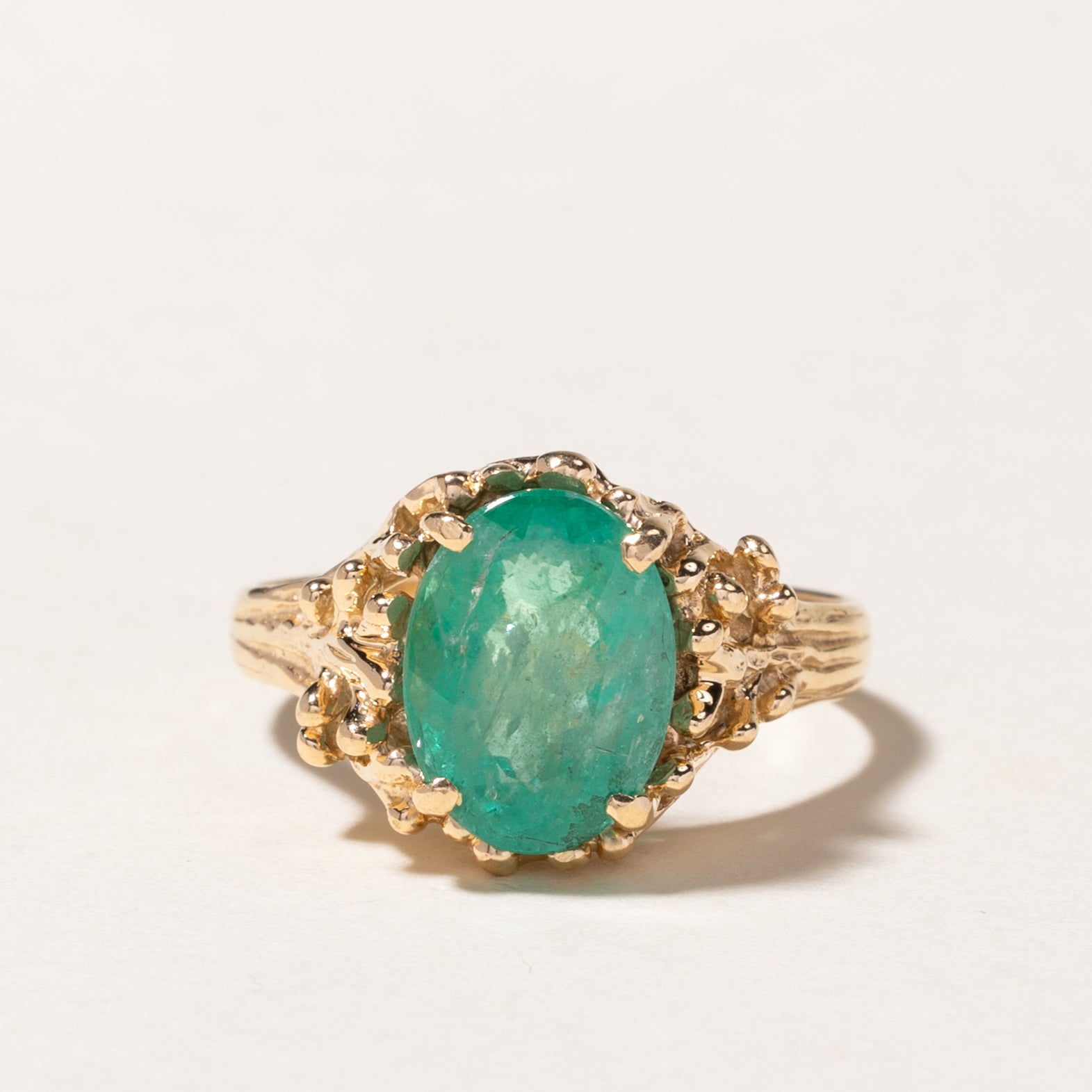 14k Oval Cut Emerald Textured Ring | 3.93ct | SZ 10.25