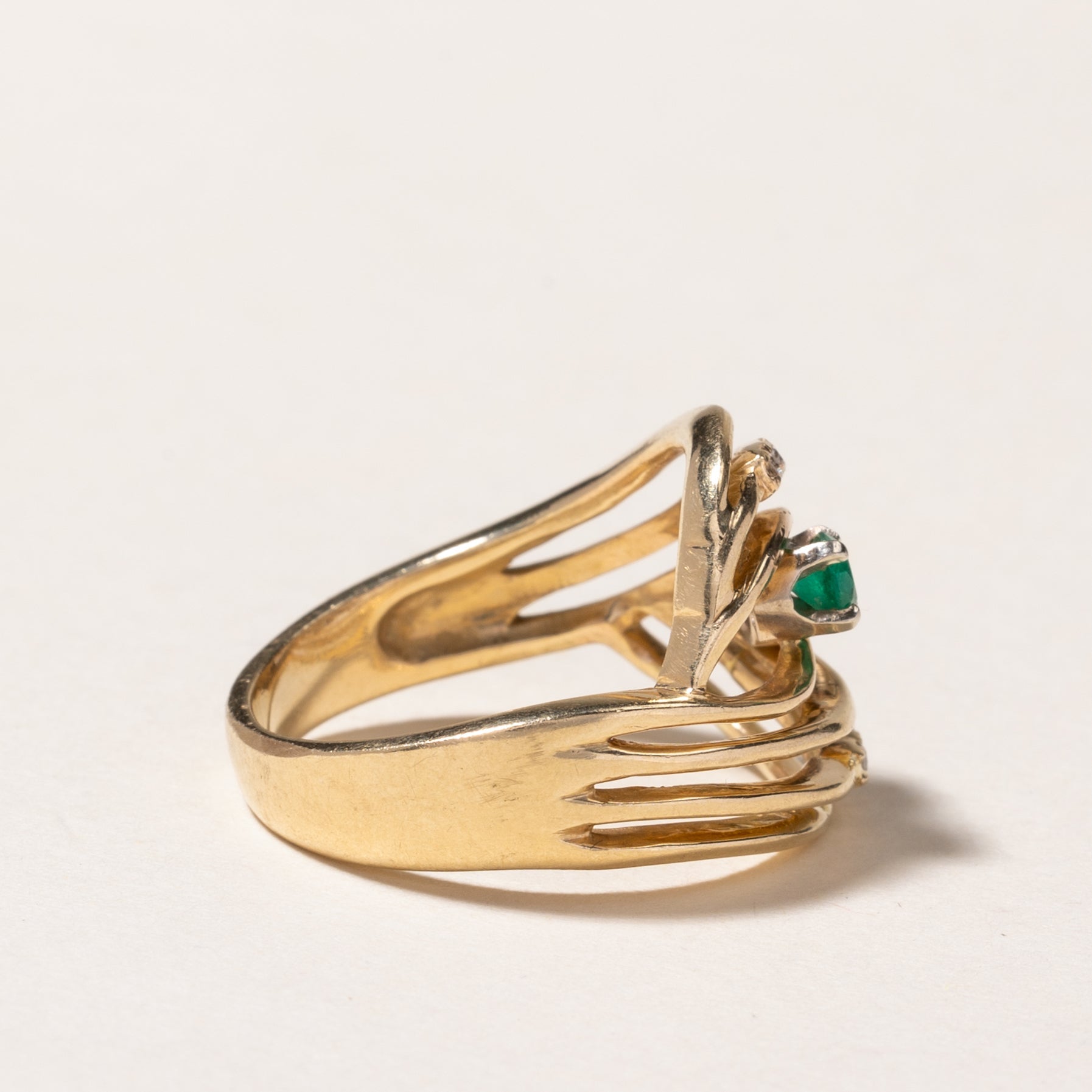 14k Yellow Gold Emerald & Diamond Openwork Ring | 0.12ct, 0.13ctw | SZ 6.5