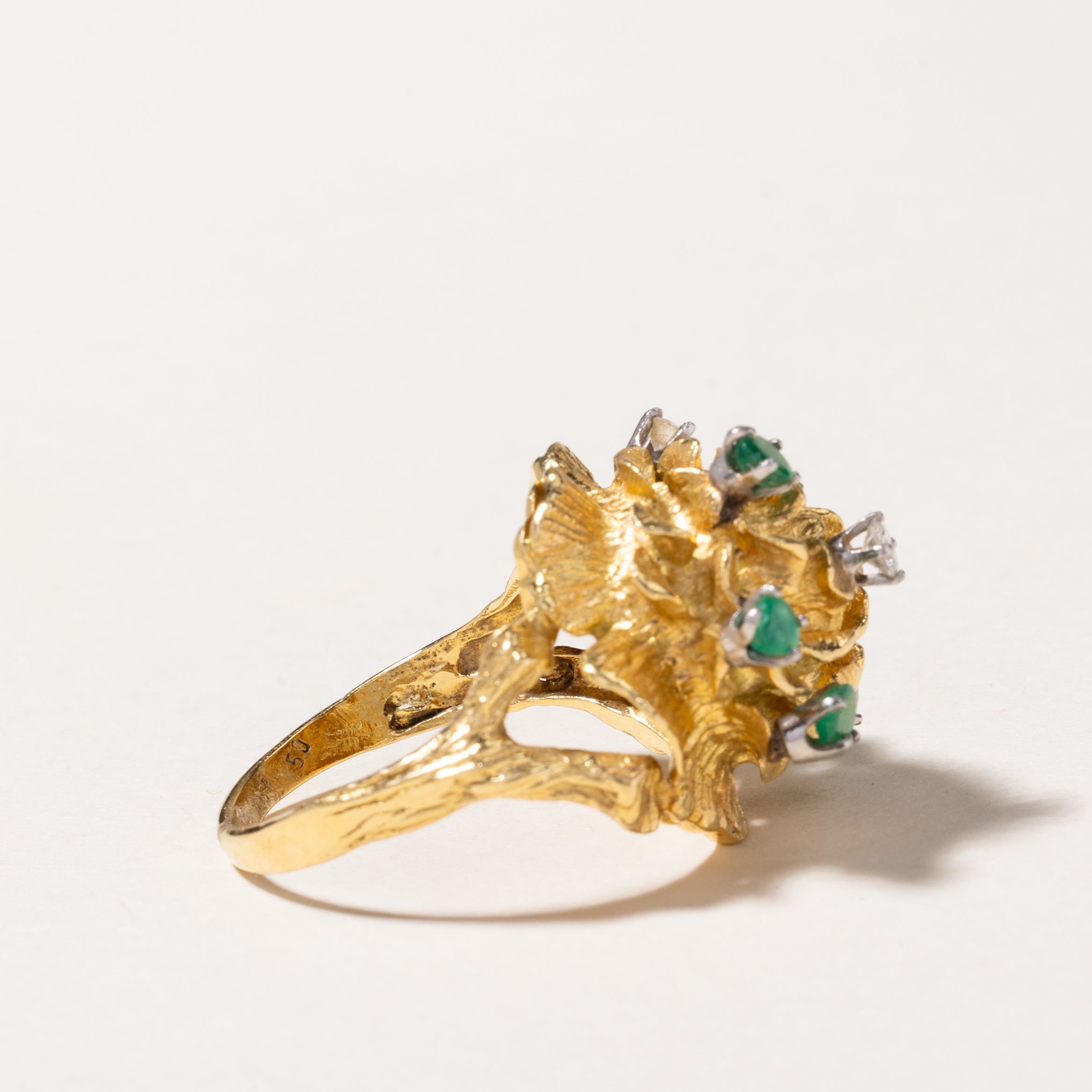 18K Emerald & Diamond Flower Dome Ring | 0.34ctw, 0.24ctw | 9
