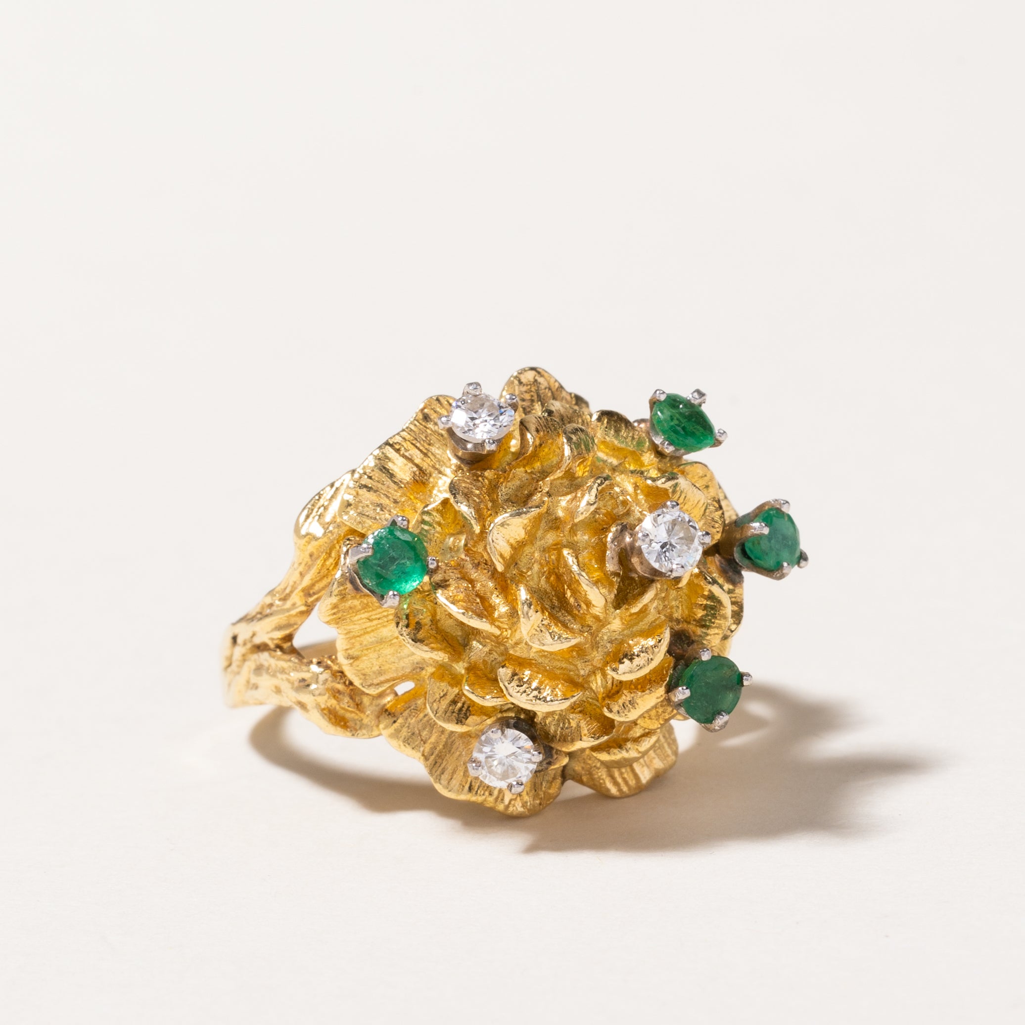18K Emerald & Diamond Flower Dome Ring | 0.34ctw, 0.24ctw | 9