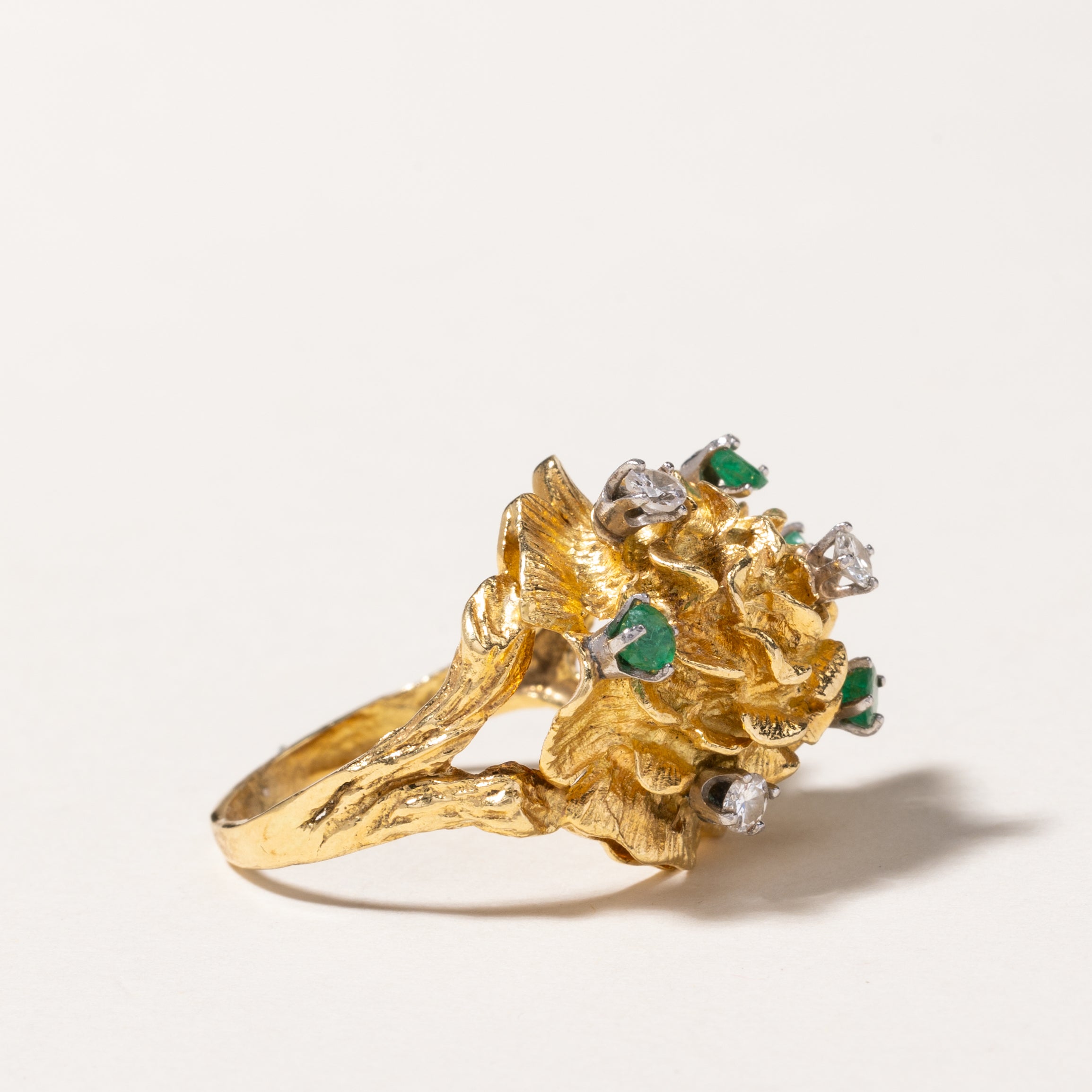 18K Emerald & Diamond Flower Dome Ring | 0.34ctw, 0.24ctw | 9