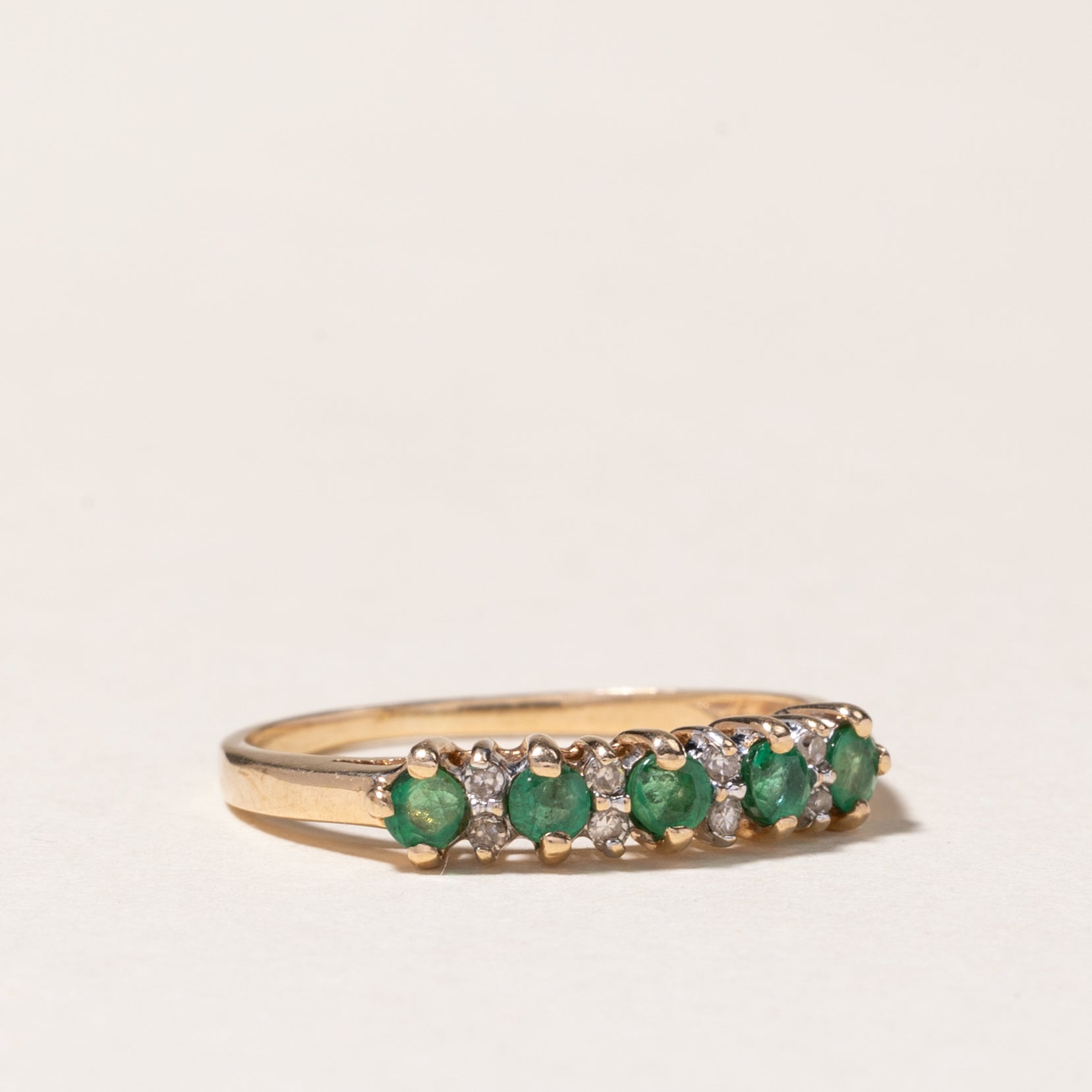 10k Five Stone Emerald & Diamond Ring | 0.175ctw, 0.042ctw | SZ 5.5
