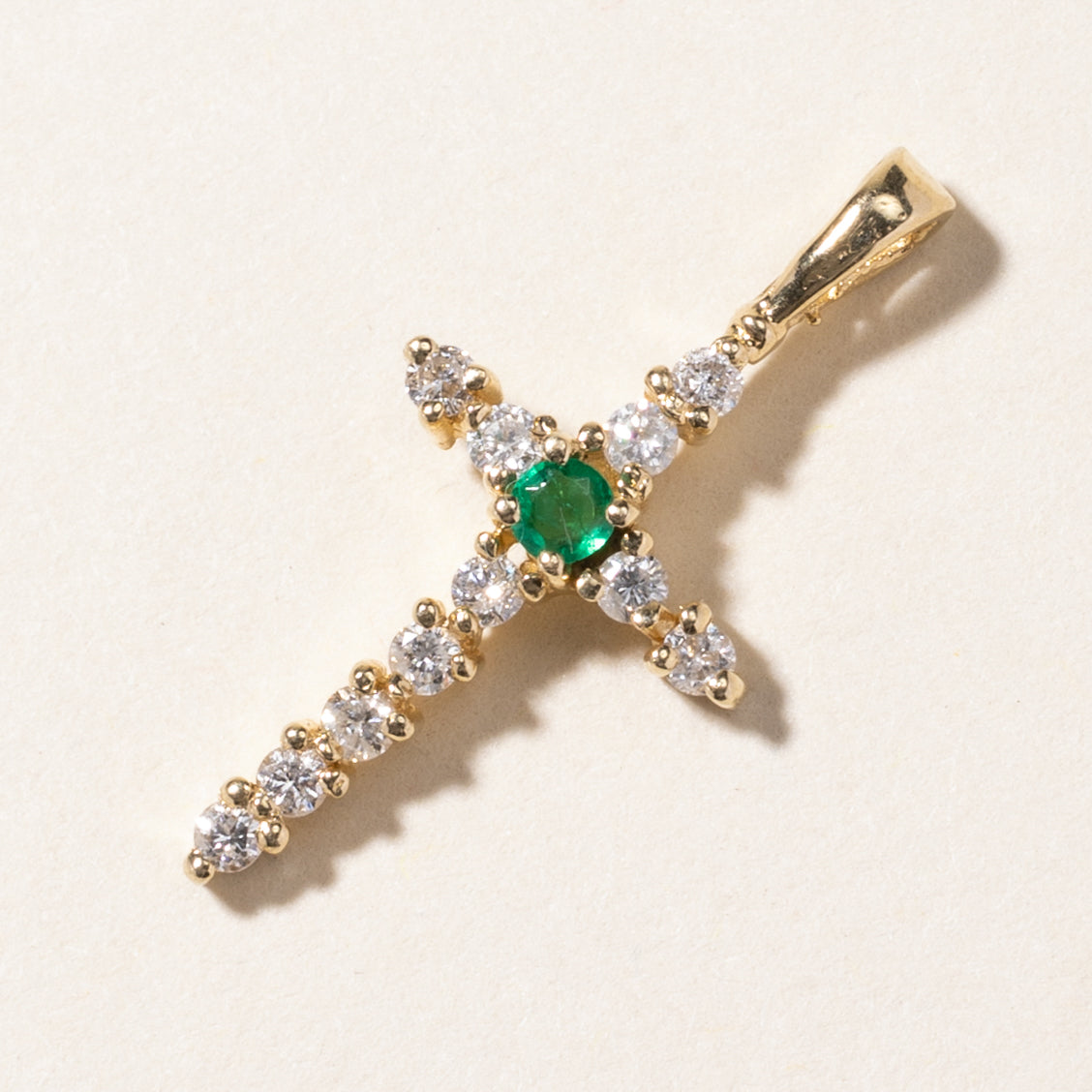 14K Yellow Gold Emerald & Diamond Cross Pendant | 0.05ct, 0.22ctw