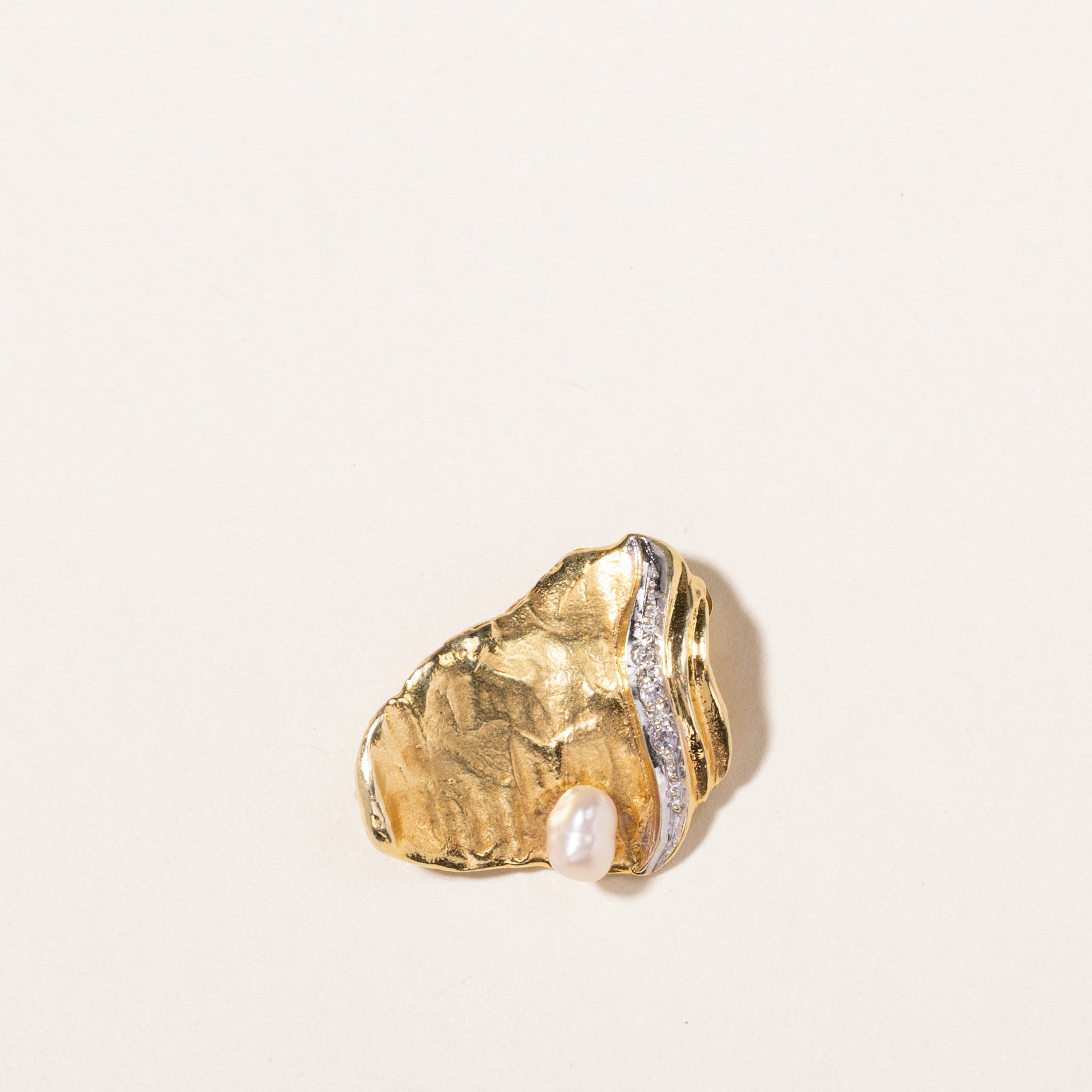 14K Yellow Gold Pearl & Diamond Abstract Brooch | 0.015ctw