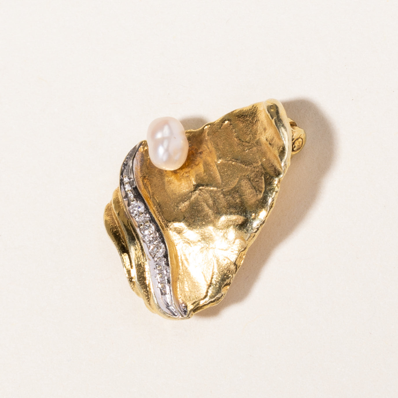 14K Yellow Gold Pearl & Diamond Abstract Brooch | 0.015ctw