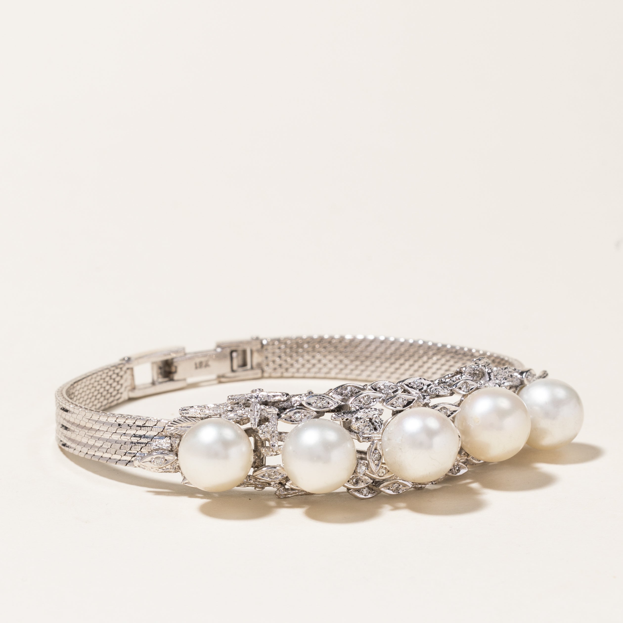 Five Pearl & Diamond Bracelet | 9.10mm to 9.40mm, 0.13ctw | 6.75"