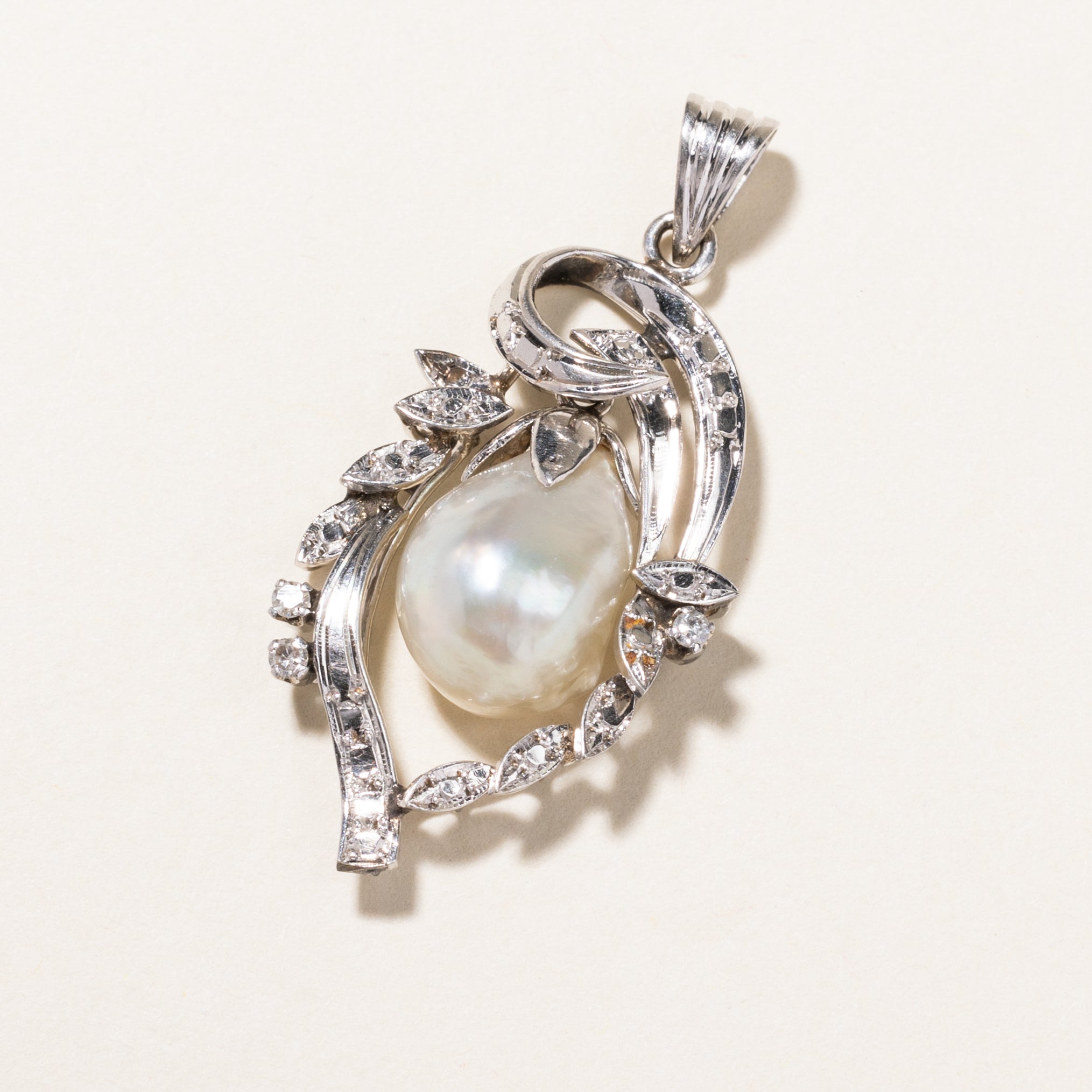 White Gold Pearl and Diamond Ornate Pendant | 12.4mmx9.2mm, 0.05ctw