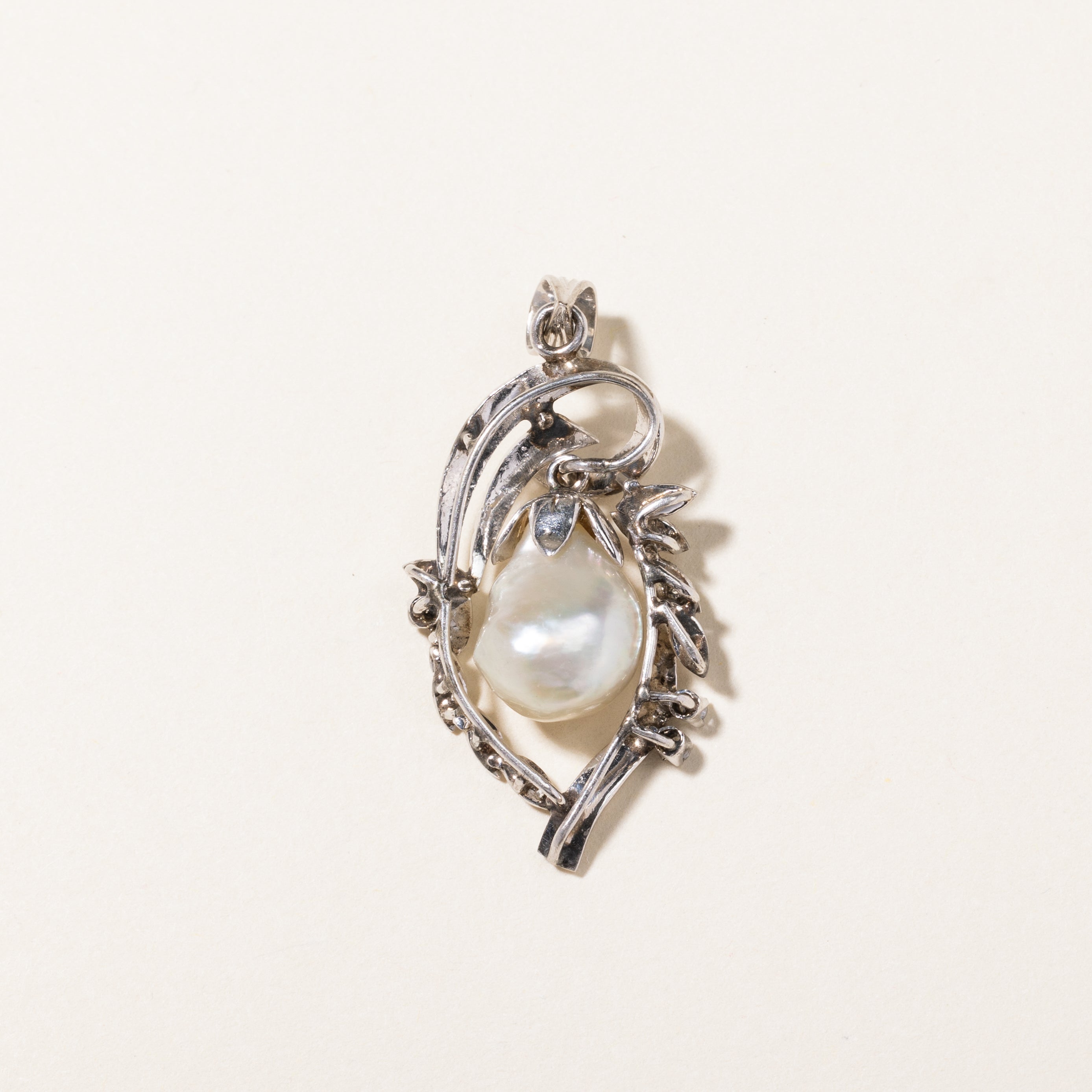 White Gold Pearl and Diamond Ornate Pendant | 12.4mmx9.2mm, 0.05ctw