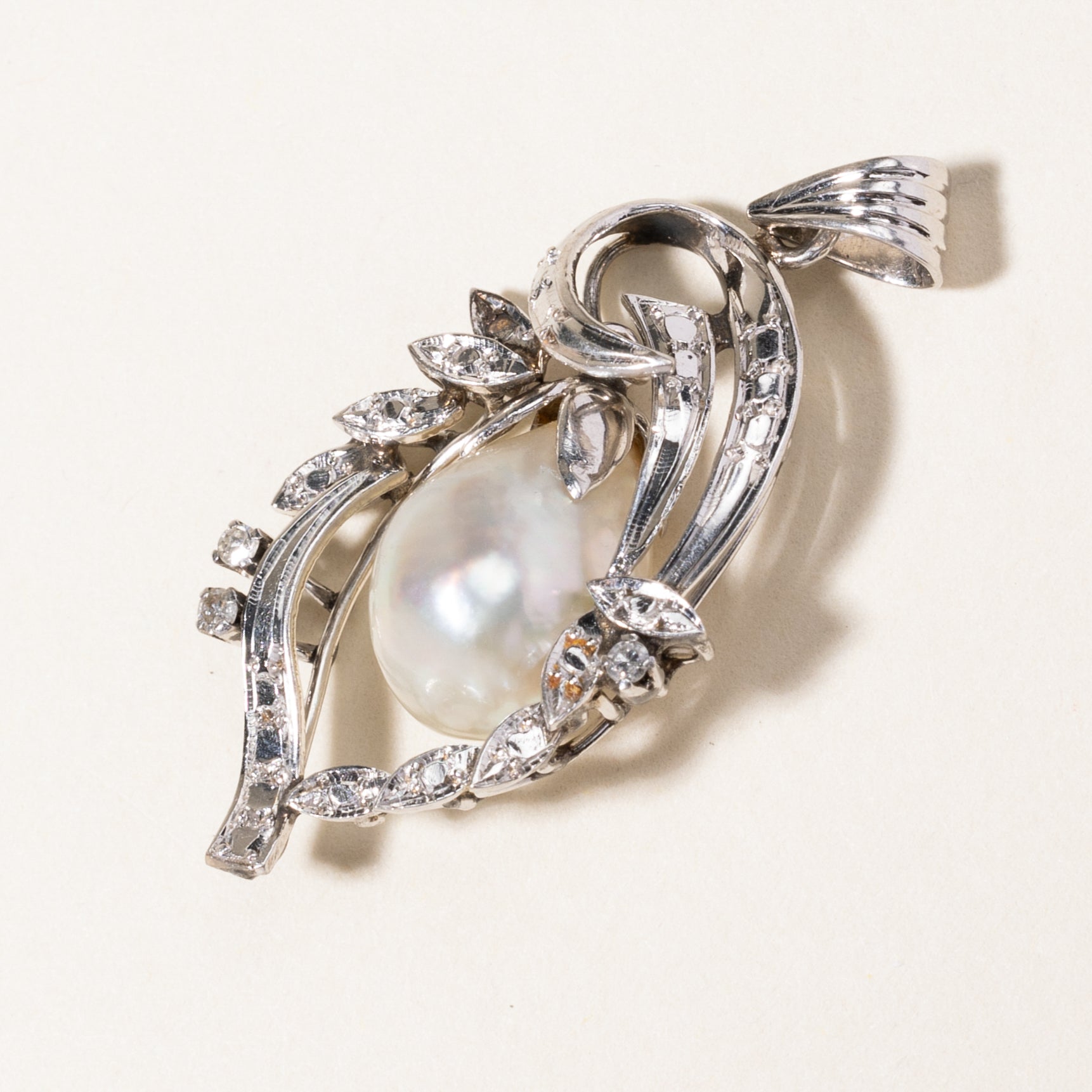 White Gold Pearl and Diamond Ornate Pendant | 12.4mmx9.2mm, 0.05ctw