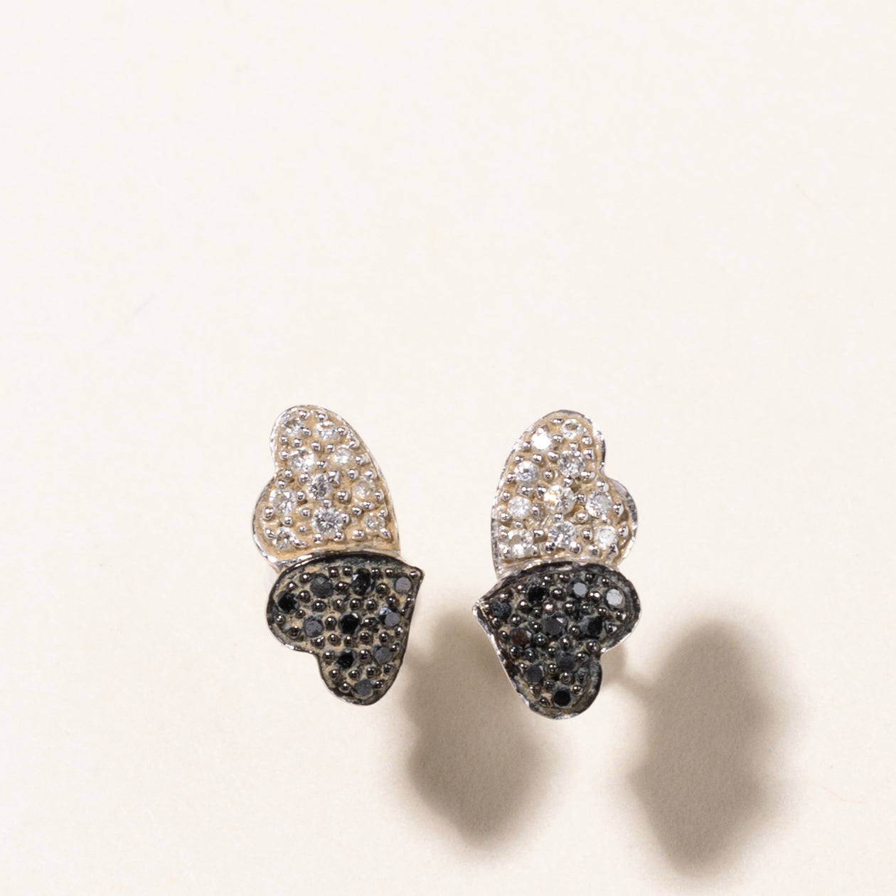 Black & White Diamond Double Heart Stud Earrings | 0.10ctw, 0.10ctw