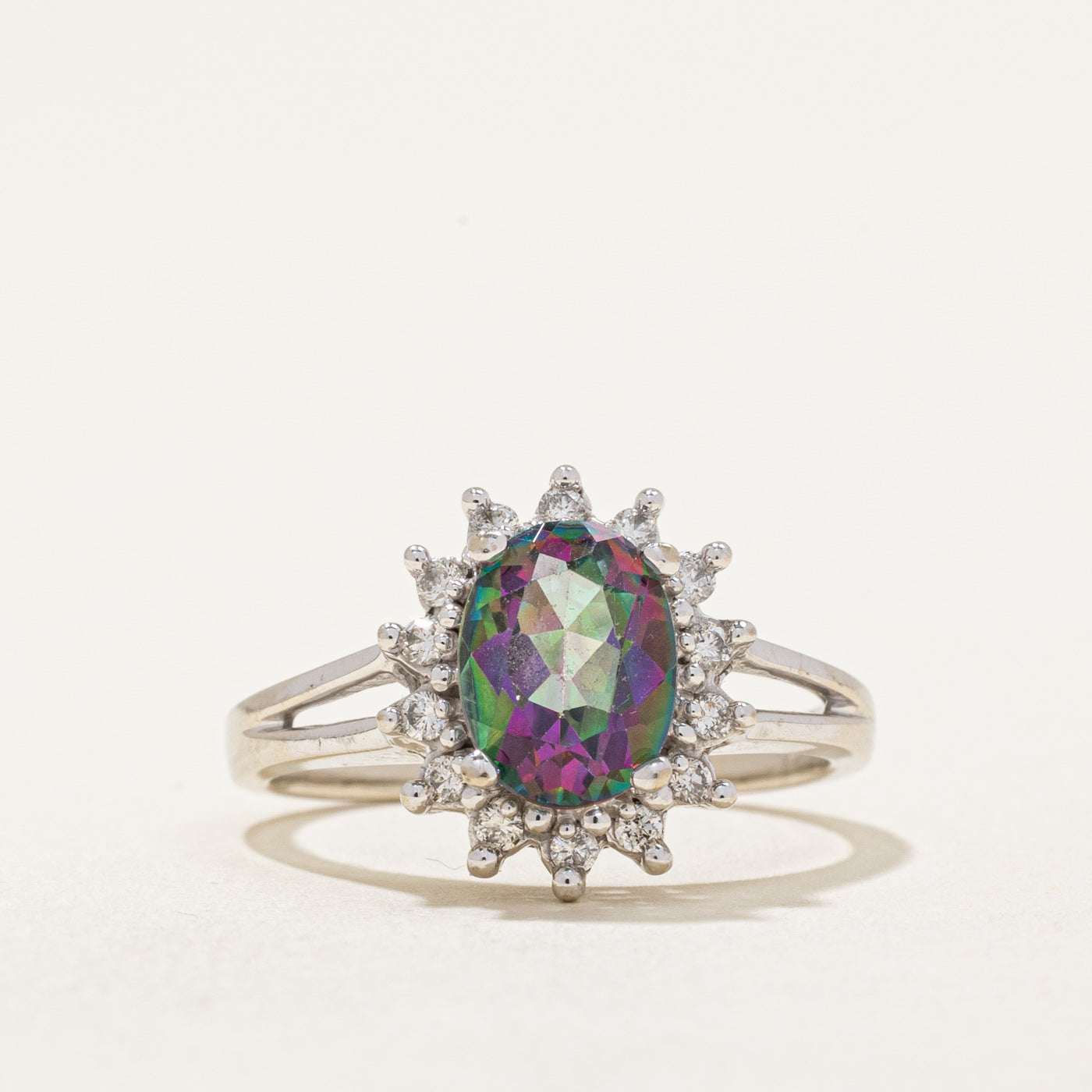 Mystic Topaz & Diamond Halo Ring | 1.25ct, 0.12ctw | SZ 5 |