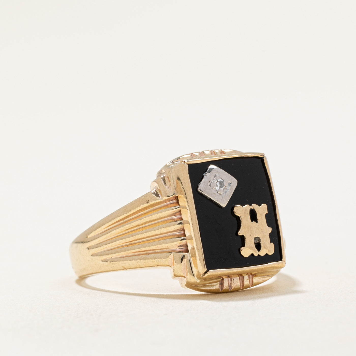 Onyx & Diamond 'H' Signet Ring | 3.20ct, 0.01ct | SZ 9.5 |