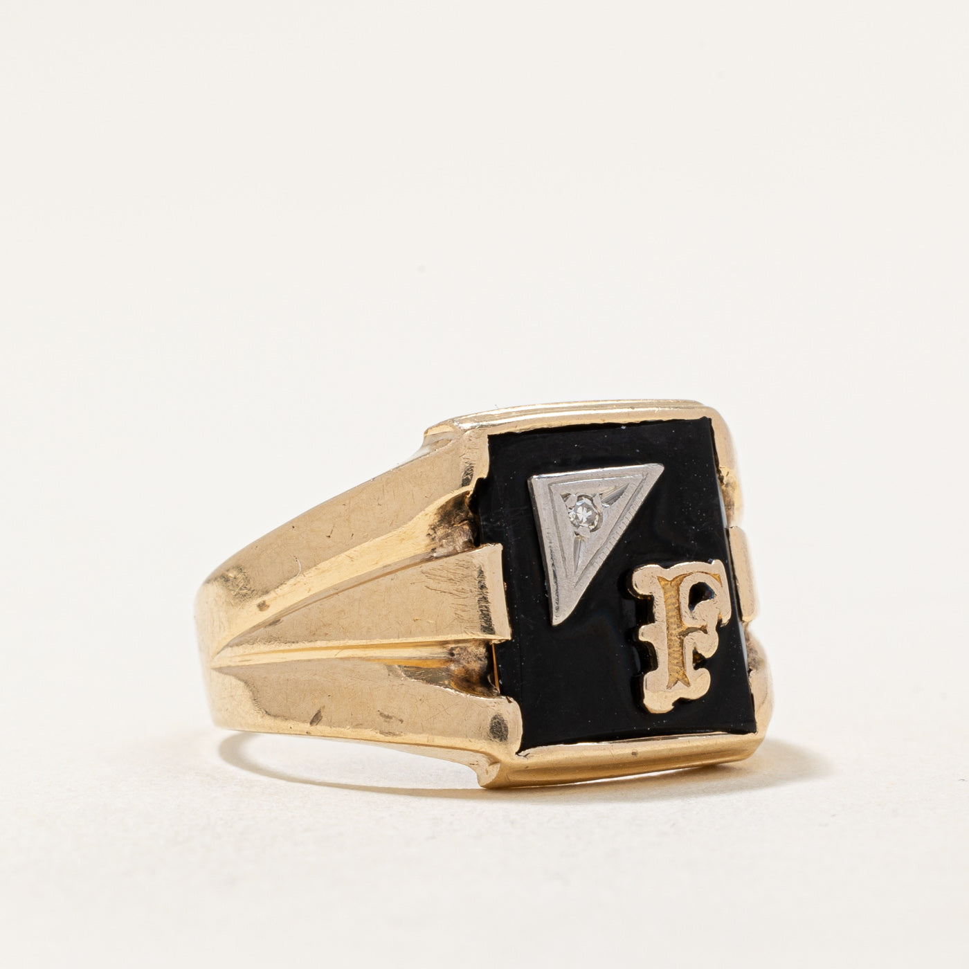 Onyx & Diamond 'F' Signet Ring | 4.00ct, 0.01ct | SZ 7.75 |