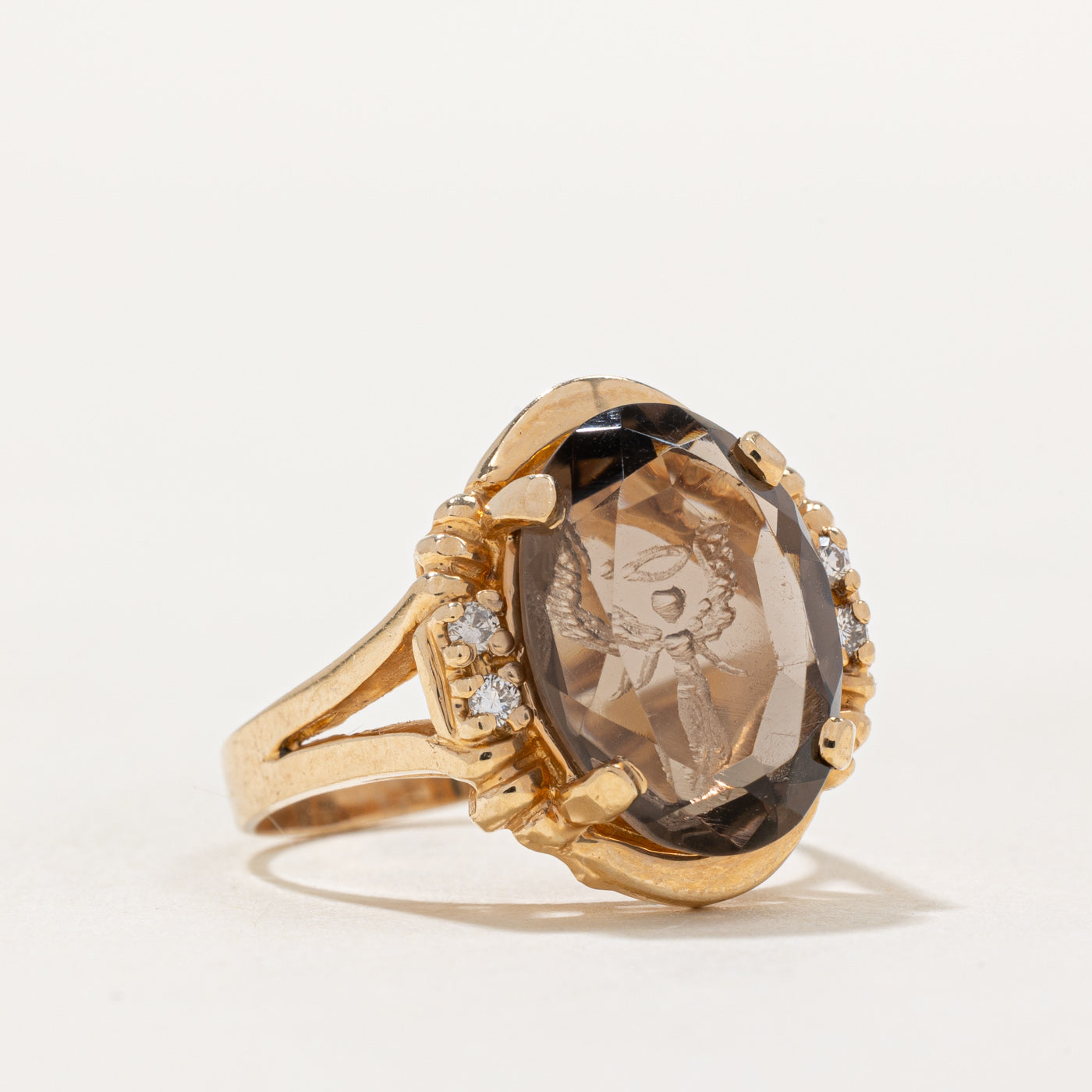 Smoky Quartz Angel Intaglio & Diamond Cocktail Ring | 2.85ct, 0.06ctw | SZ 6.5 |