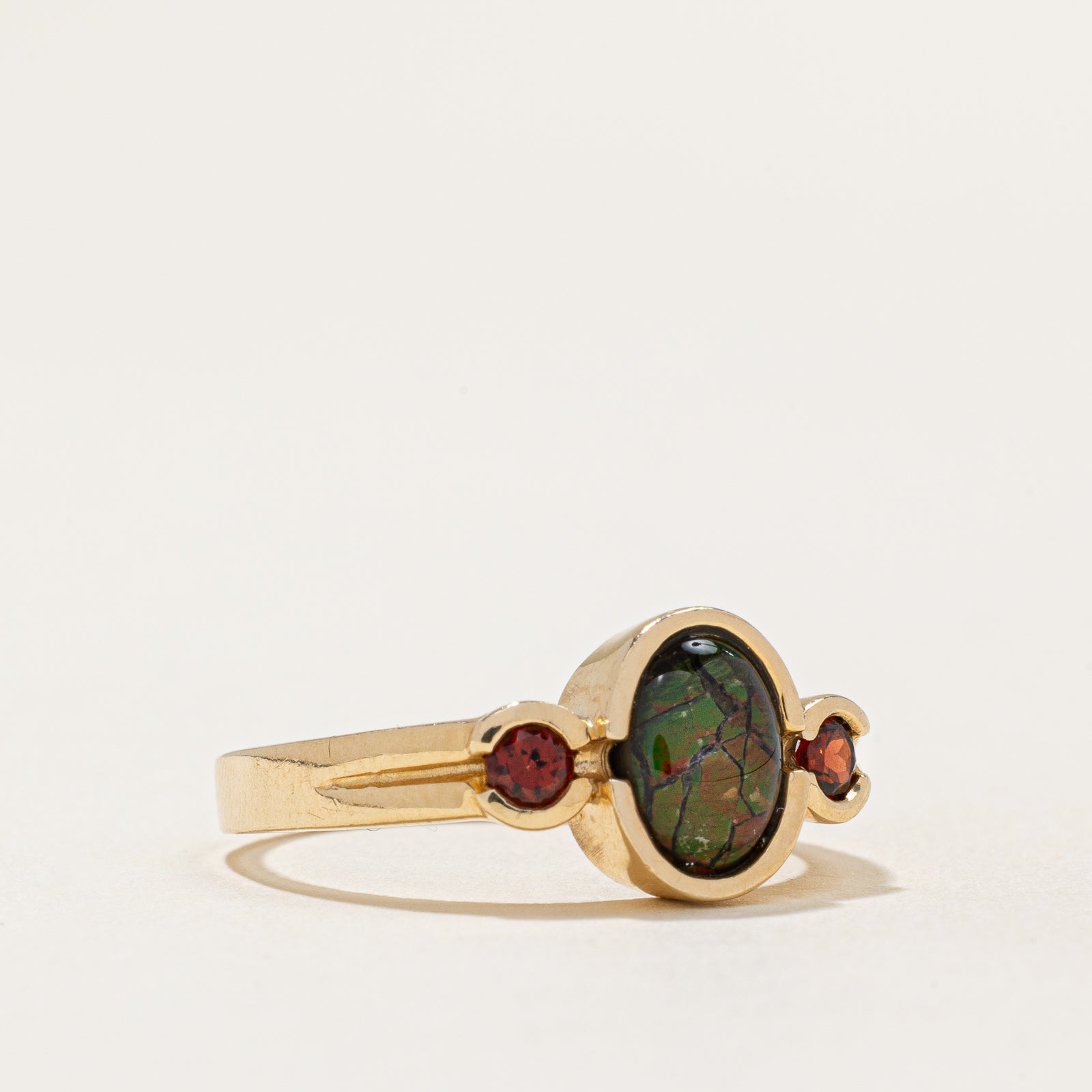 Birmingham Hallmarked Ammolite Triplet & Garnet Ring | 1.10ct, 0.20ctw | SZ 8.25 |