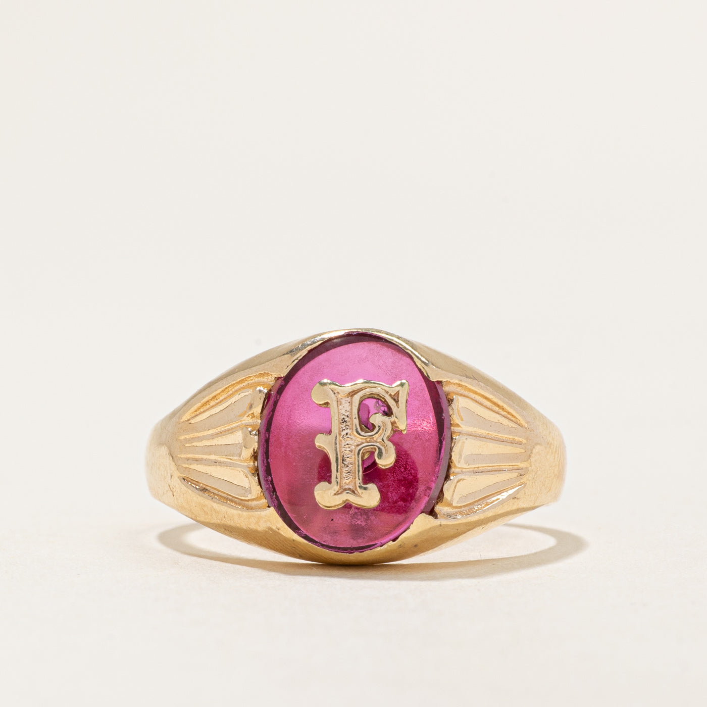 Synthetic Ruby Signet Initial "F" Ring | 2.75ct | SZ 11 |