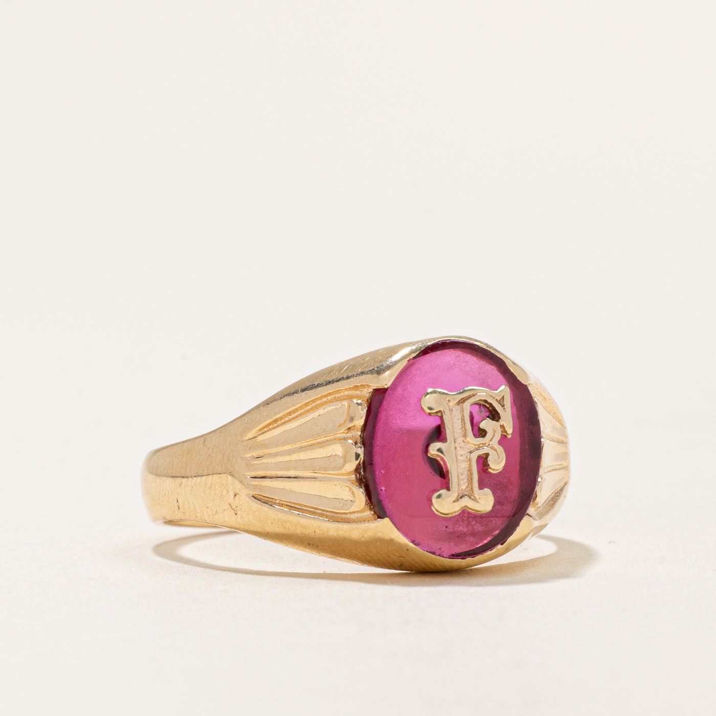 Synthetic Ruby Signet Initial "F" Ring | 2.75ct | SZ 11 |