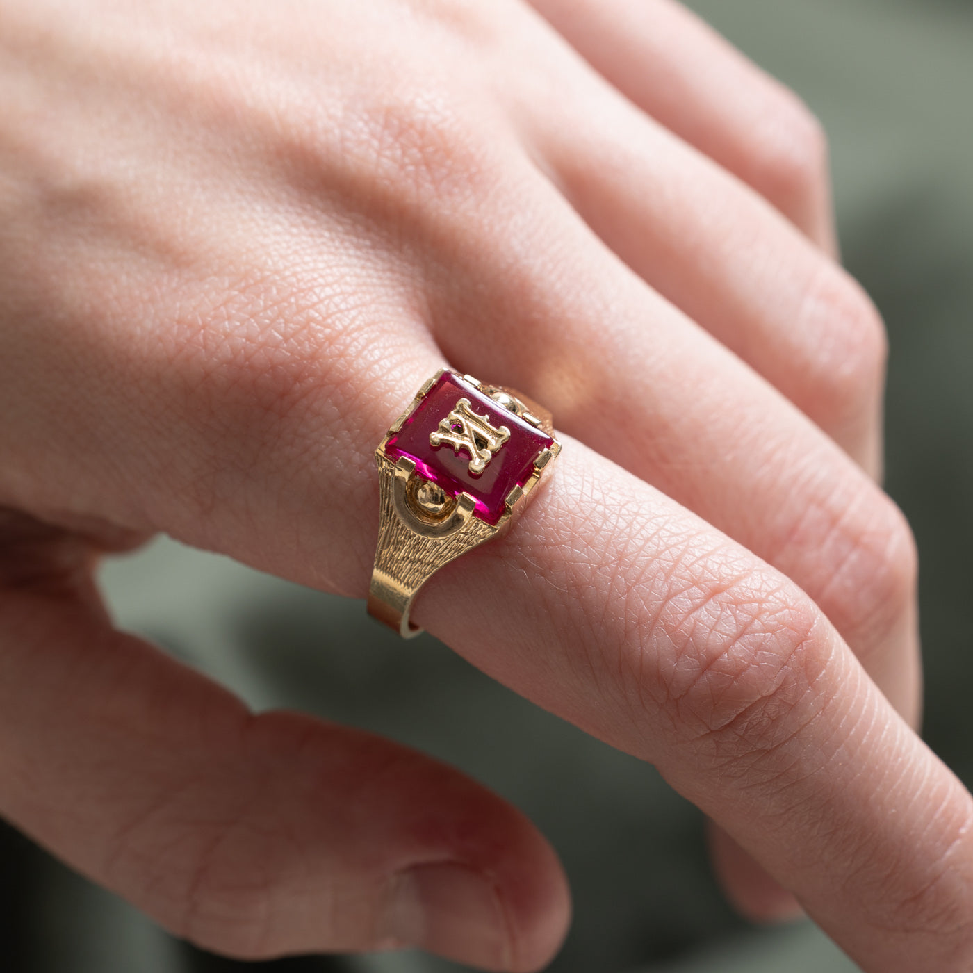 Synthetic Ruby 'K' Initial Signet Ring | 1.00ct | SZ 8.75