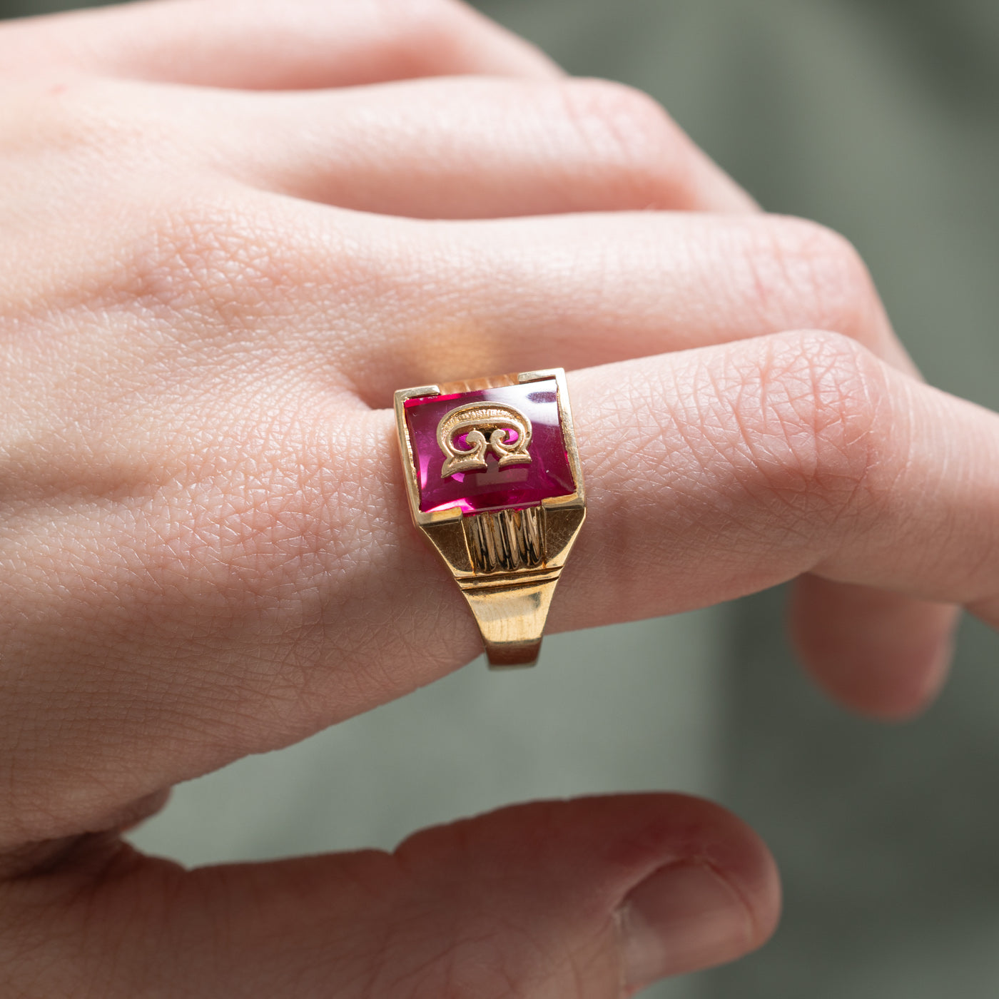 Synthetic Ruby 'G' Initial Signet Ring | 1.70ct | SZ 10.75