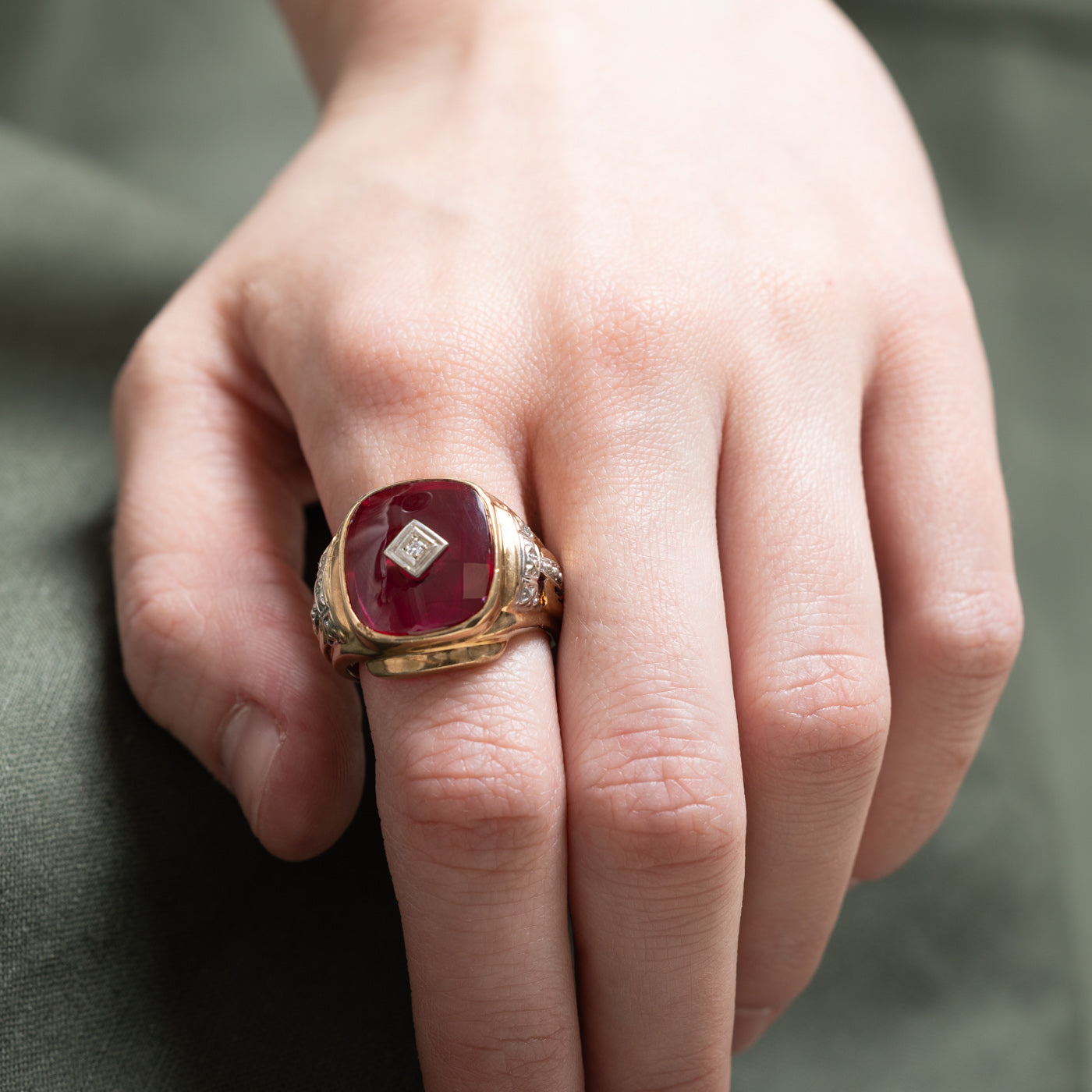 Synthetic Ruby & Diamond Statement Ring | 5.25ct, 0.02ct | SZ 8.5