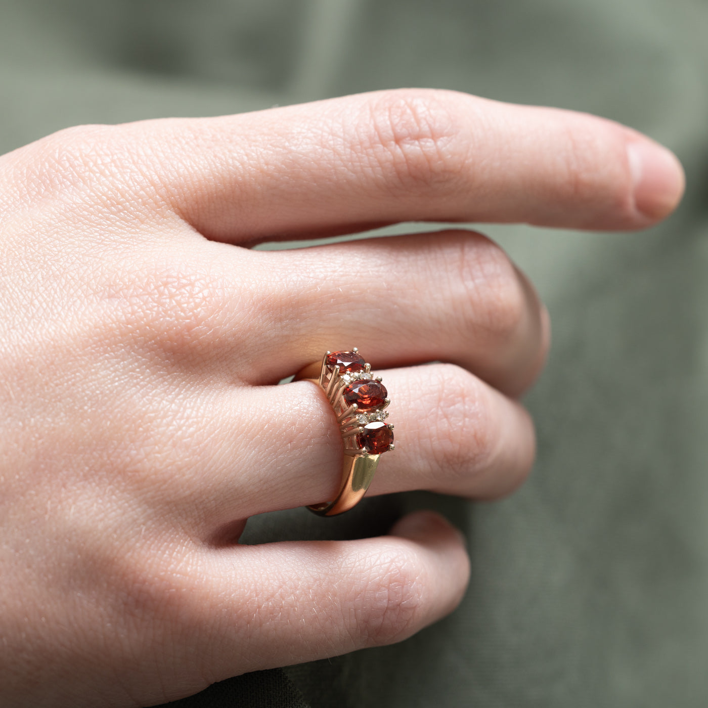 'Birks' Three Stone Garnet & Diamond Ring | 0.04ctw, 1.15ctw | SZ 6