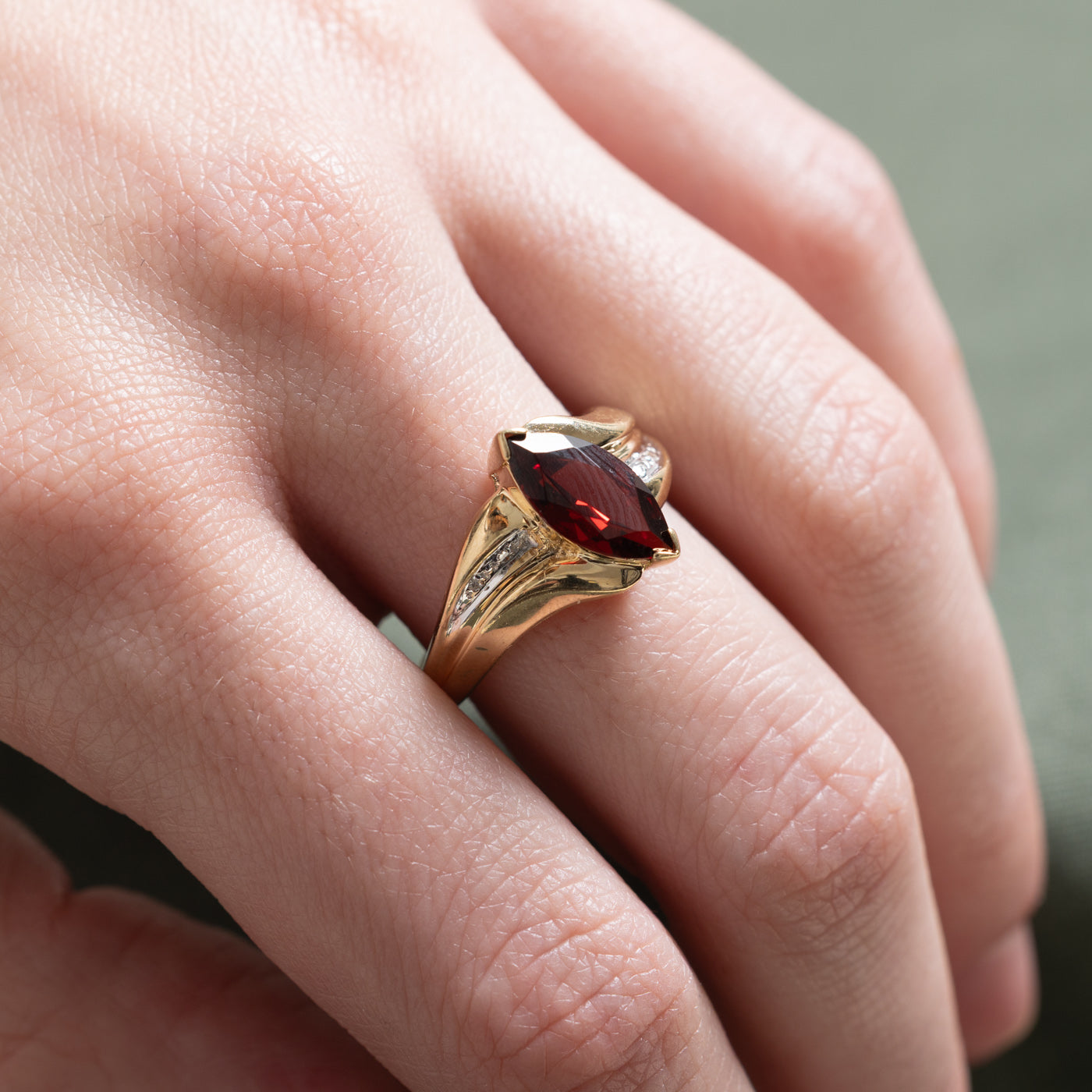 Marquise Cut Garnet & Diamond Ring | 1.70ct, 0.02ctw | SZ 8