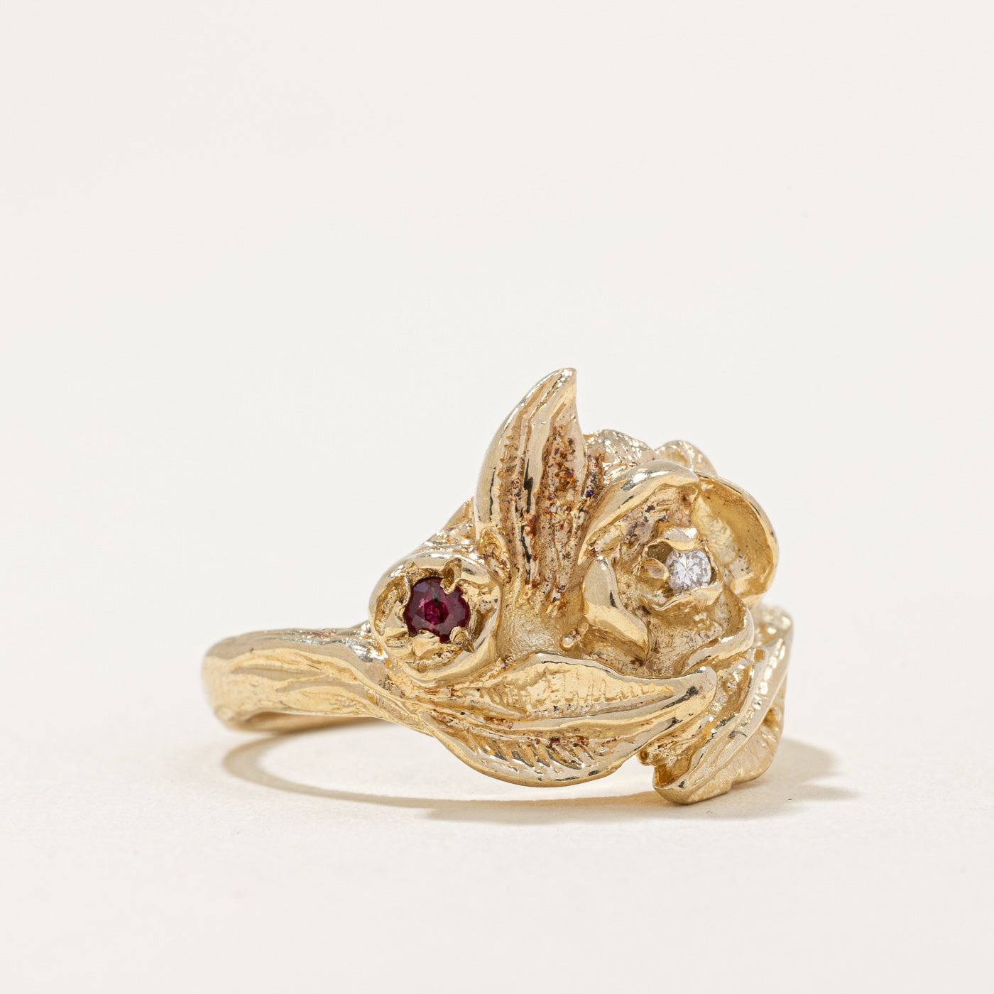 Ruby & Diamond Flower Ring | 0.02ct, 0.015ct | SZ 7 |