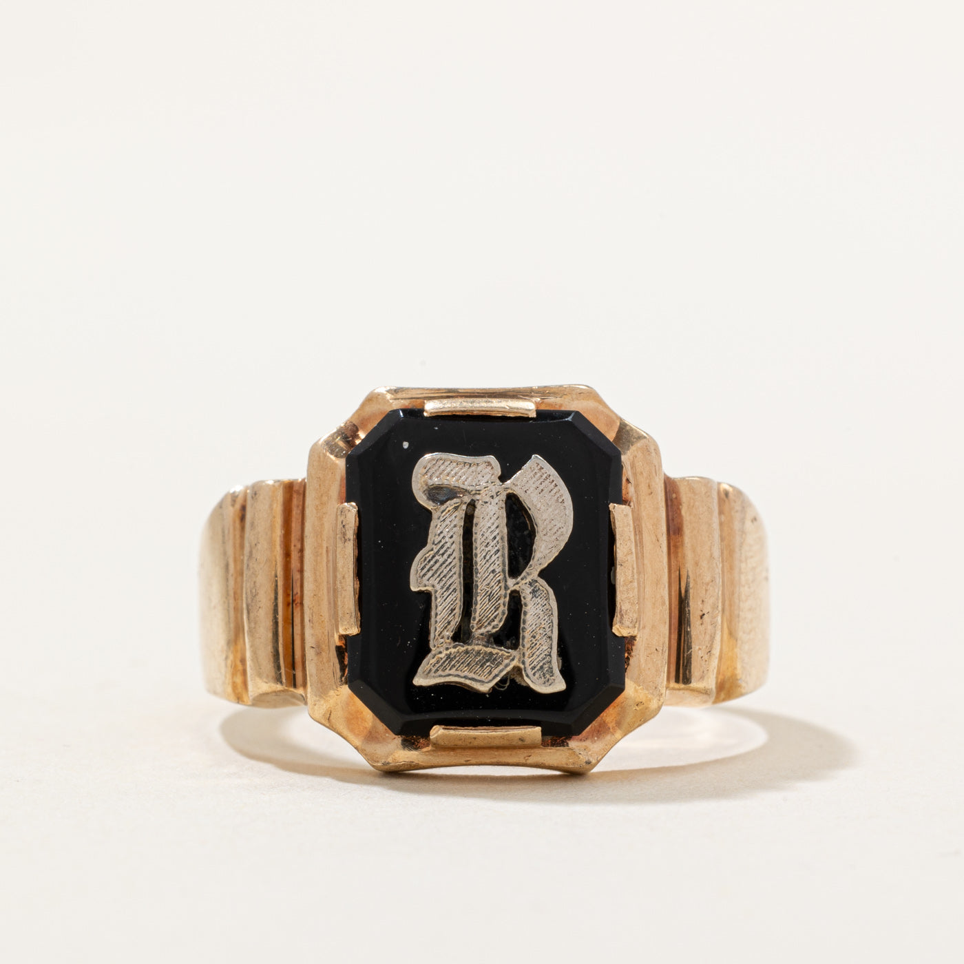Onyx 'R' Signet Ring | 1.29ct | SZ 8.5 |